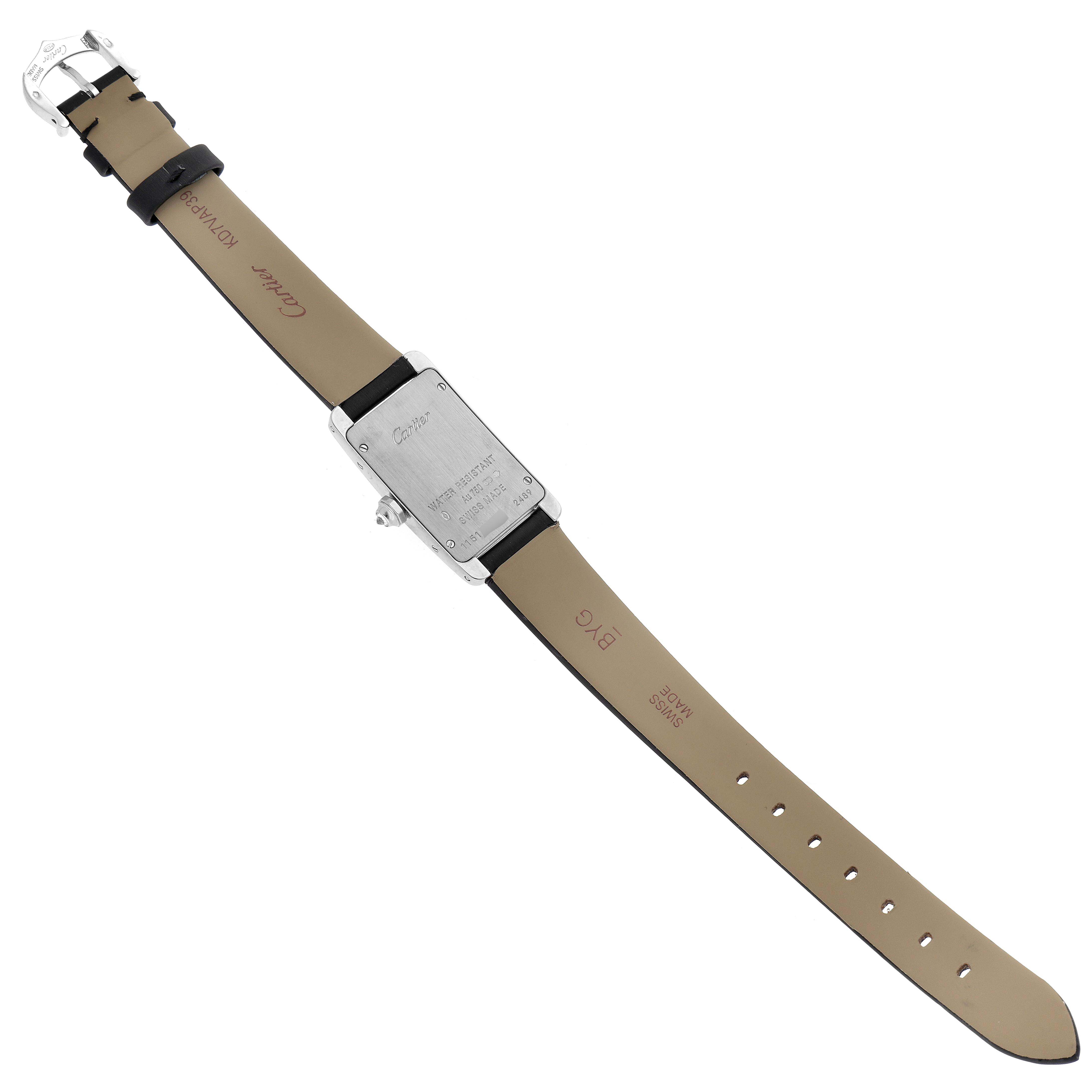 The image shows the back and strap of a Cartier Tank Americaine WB707331 Women's White Gold Silver Dial WB707331 Women's White Gold Silver Dial watch lying flat.