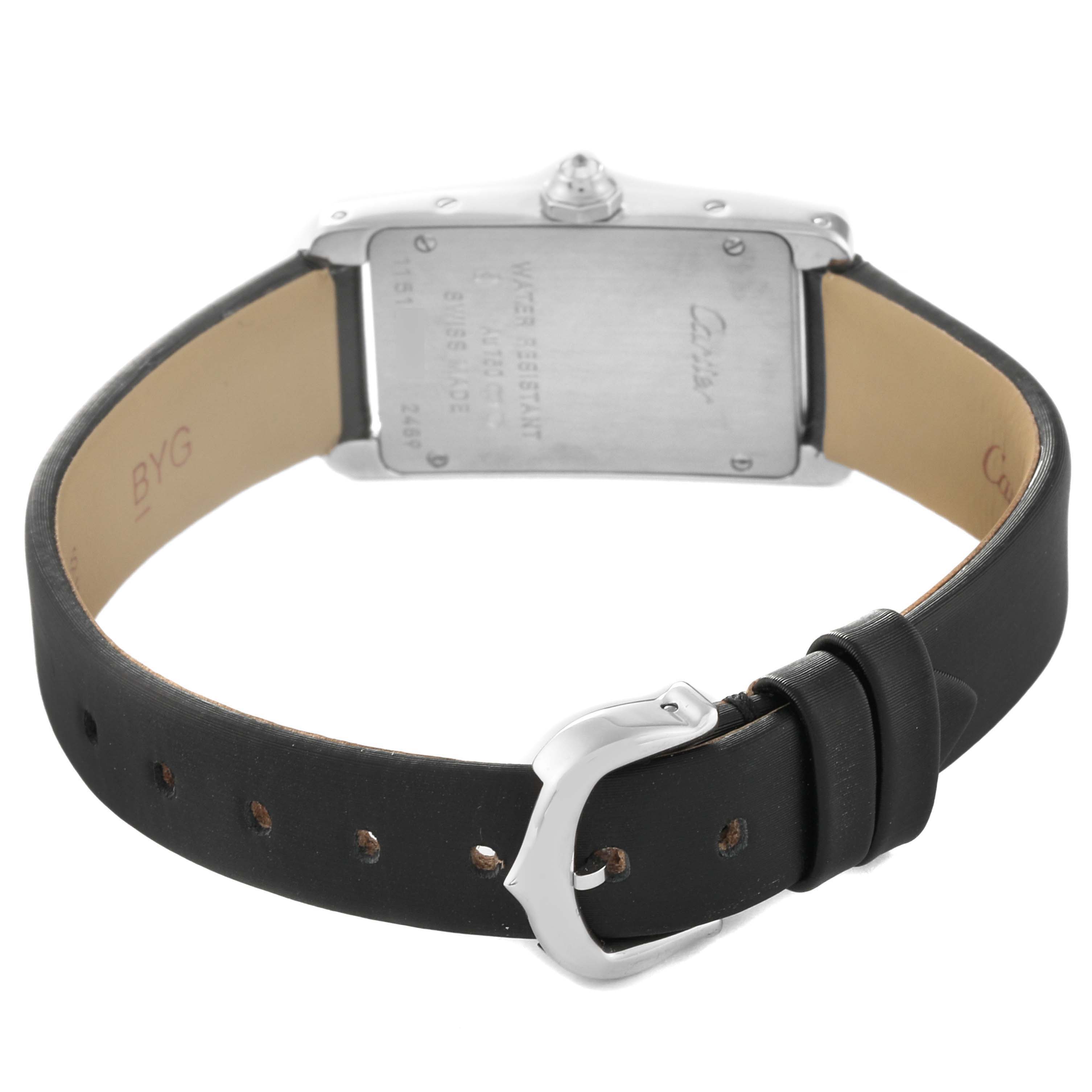 This image shows the back and buckle of a Cartier Tank Americaine WB707331 Women's White Gold Silver Dial WB707331 Women's White Gold Silver Dial watch, highlighting the leather strap and case back.