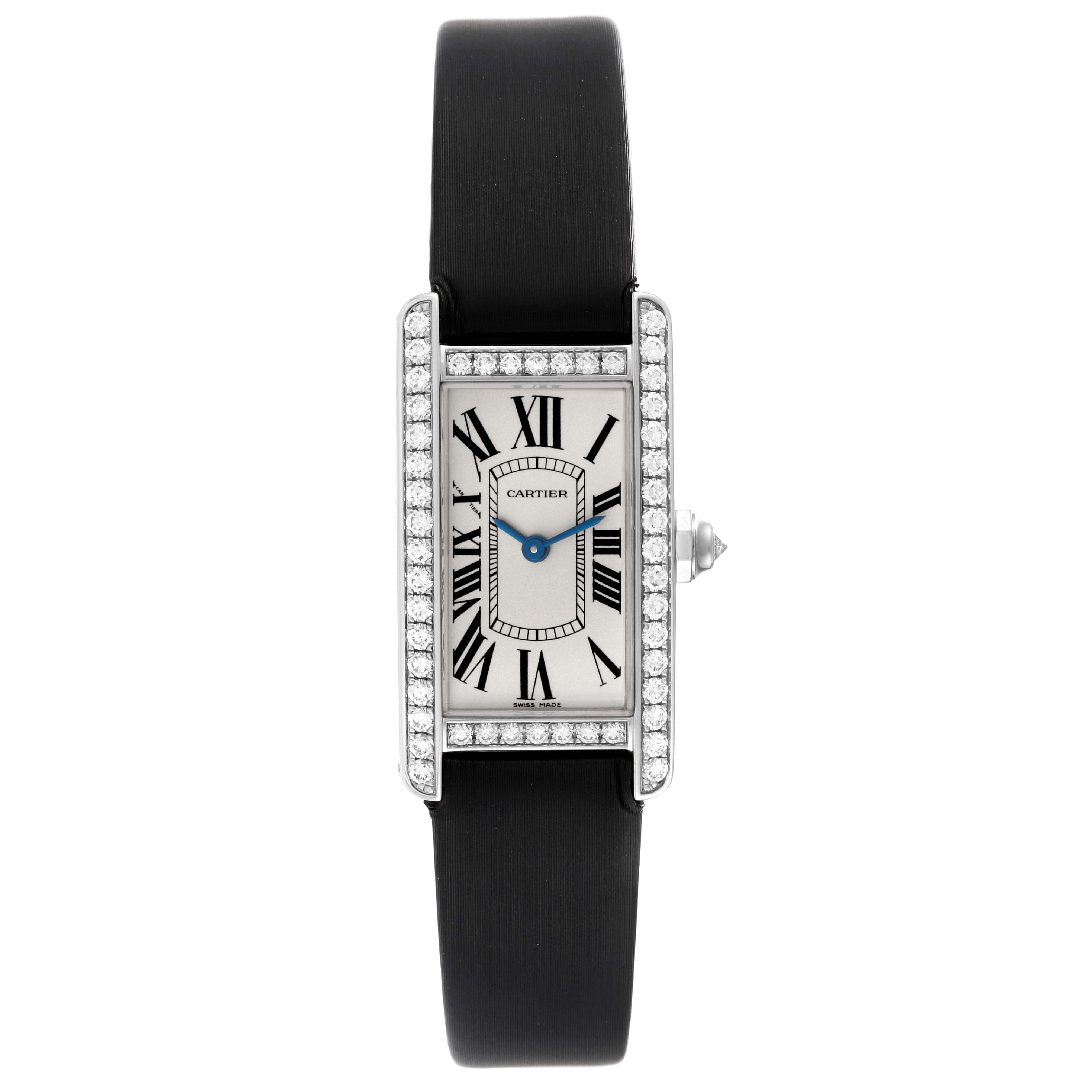 This image shows a Cartier Tank Americaine WB707331 Women's White Gold Silver Dial WB707331 Women's White Gold Silver Dial watch from the front, displaying its rectangular face, Roman numerals, and diamond bezel.