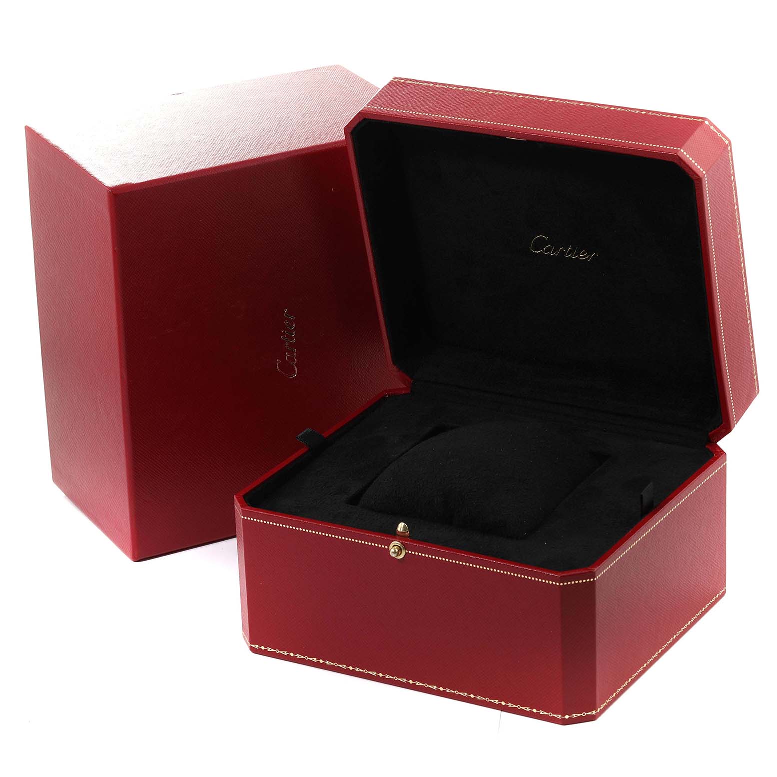 The image shows an open red Cartier watch box designed for the Tank Américaine model, along with its outer packaging.