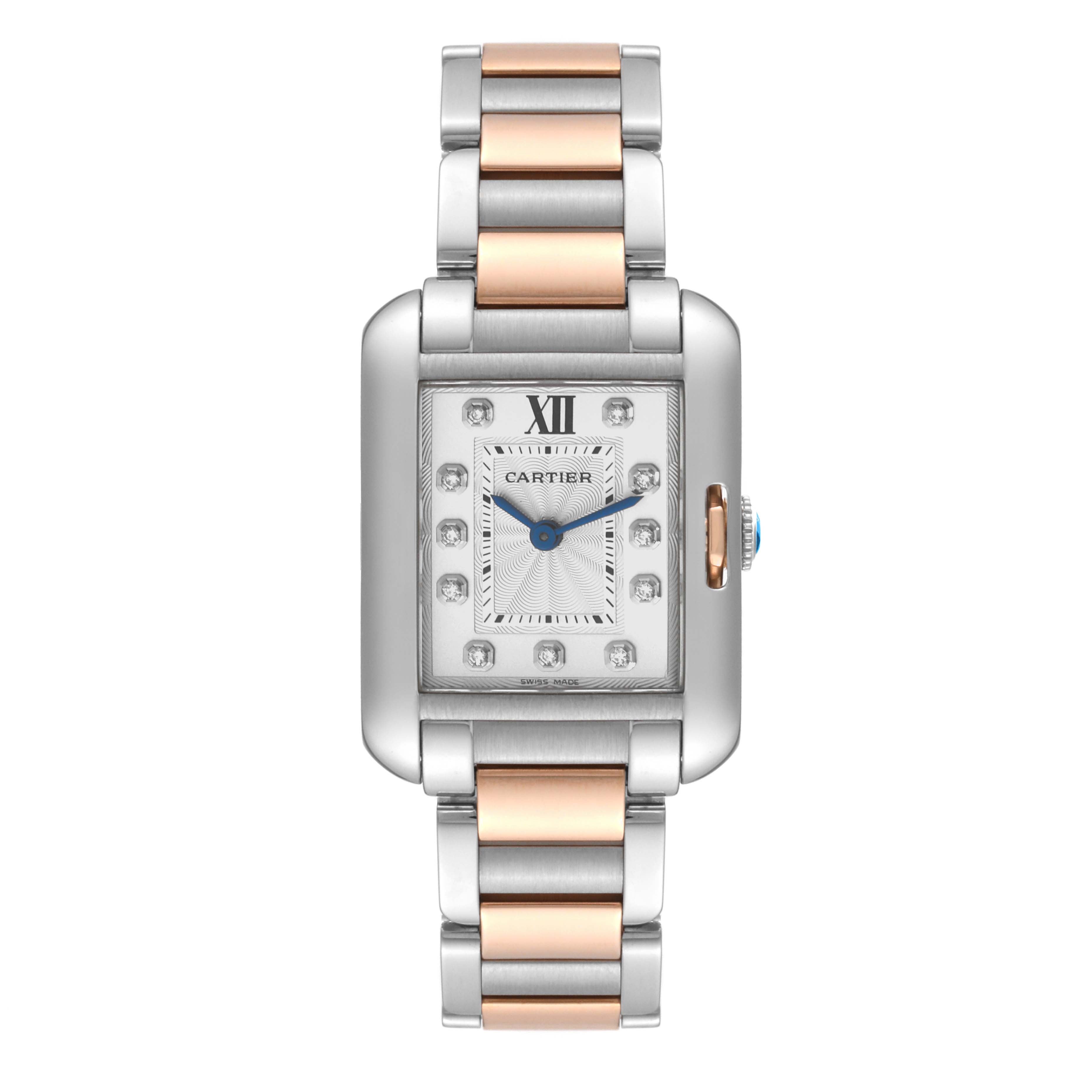 The image shows a front view of the Cartier Tank Anglaise WT100024 Women
s Steel and Gold (two tone) Silver Dial WT100024 Women
s Steel and Gold (two tone) Silver Dial watch, highlighting its rectangular face, dual-tone bracelet, and blue hands.