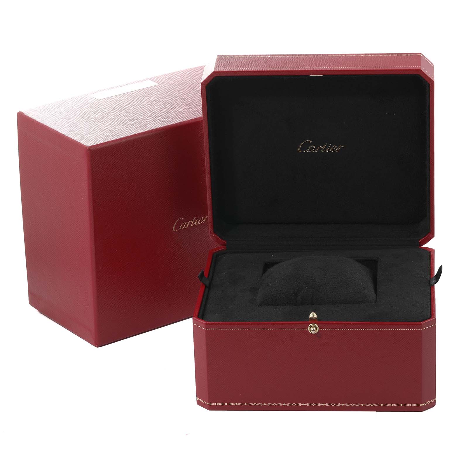 The image shows the open red and black watch box and outer box for a Cartier Tank Anglaise WT100024 Women
s Steel and Gold (two tone) Silver Dial WT100024 Women
s Steel and Gold (two tone) Silver Dial model watch.