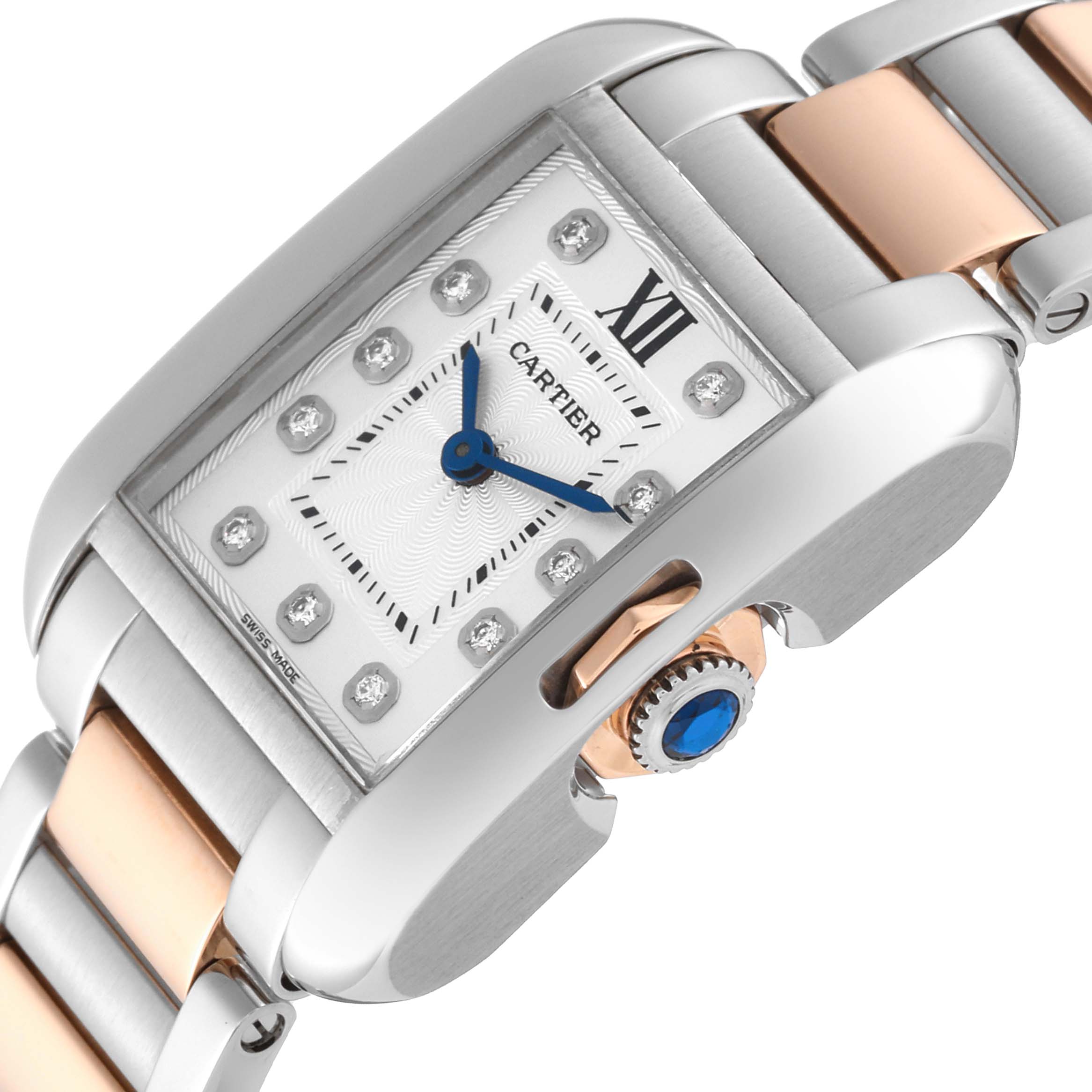 The image shows a close-up angled view of the Cartier Tank Anglaise WT100024 Women
s Steel and Gold (two tone) Silver Dial WT100024 Women
s Steel and Gold (two tone) Silver Dial watch, highlighting the dial, crown, and parts of the bracelet.