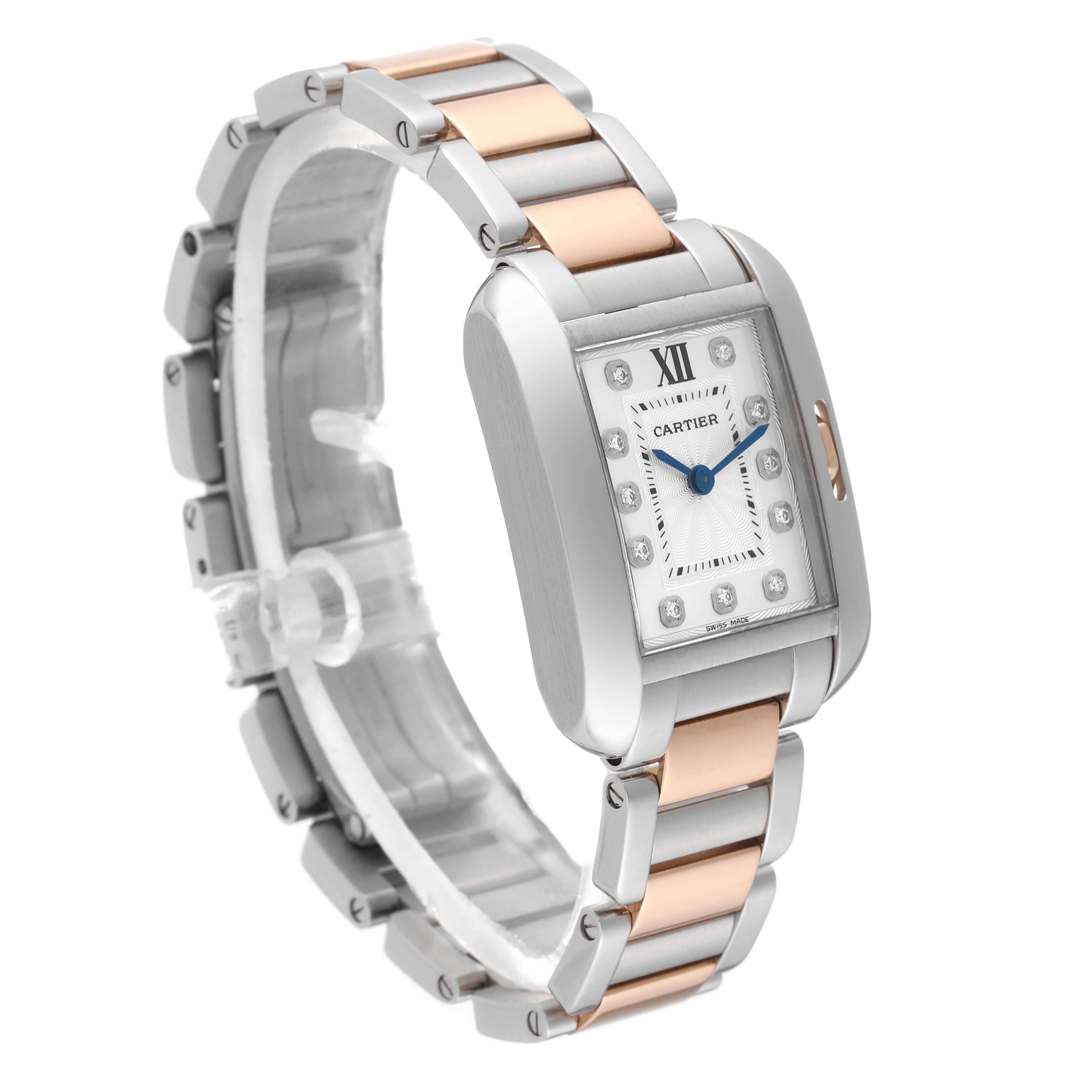 The image shows a Cartier Tank Anglaise WT100024 Women
s Steel and Gold (two tone) Silver Dial WT100024 Women
s Steel and Gold (two tone) Silver Dial watch at a three-quarter angle, displaying its face and bi-metal bracelet.