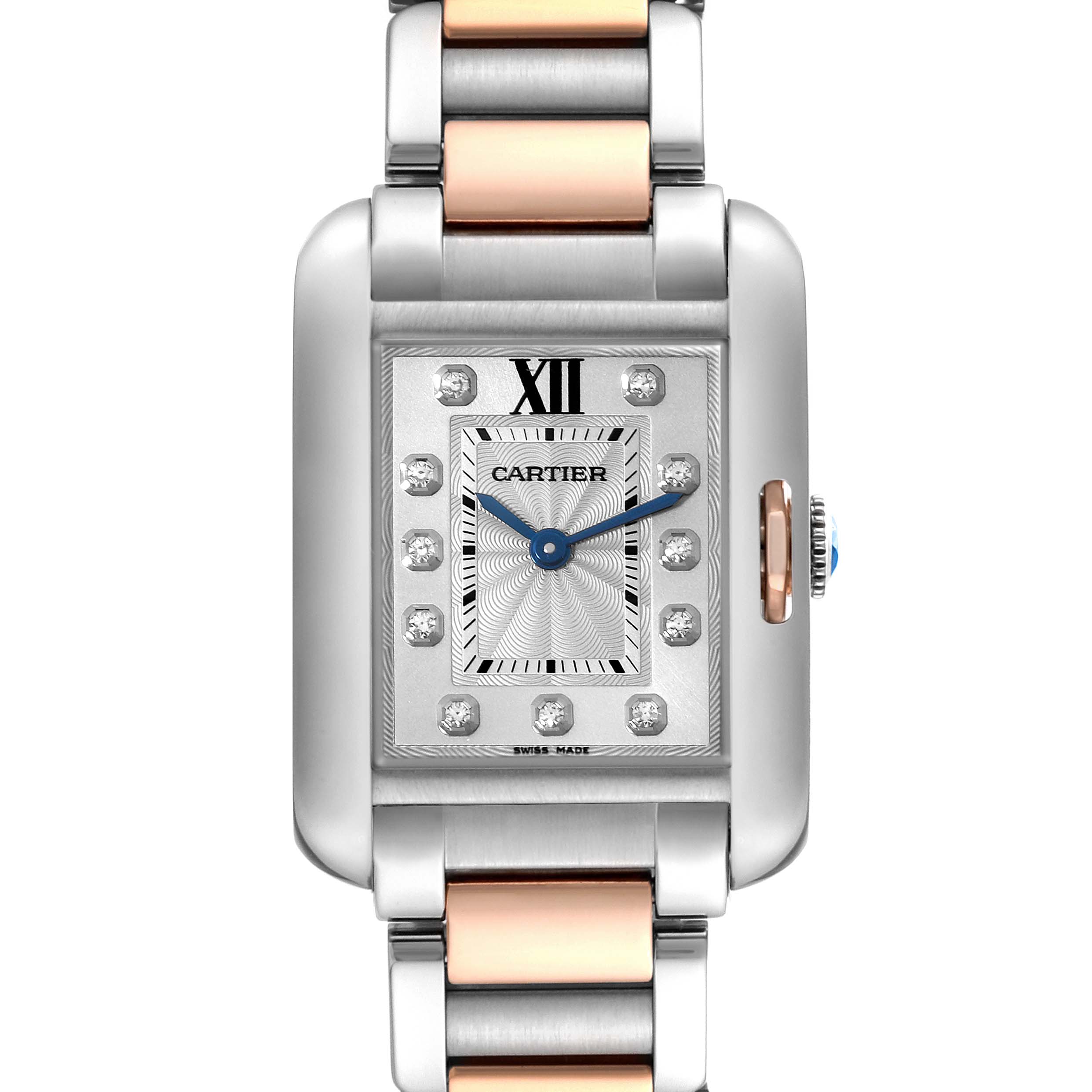 The Cartier Tank Anglaise WT100024 Women's Steel and Gold (two tone) Silver Dial WT100024 Women's Steel and Gold (two tone) Silver Dial watch is shown from a front angle, highlighting its rectangular case, silver and gold bracelet, and intricate dial.