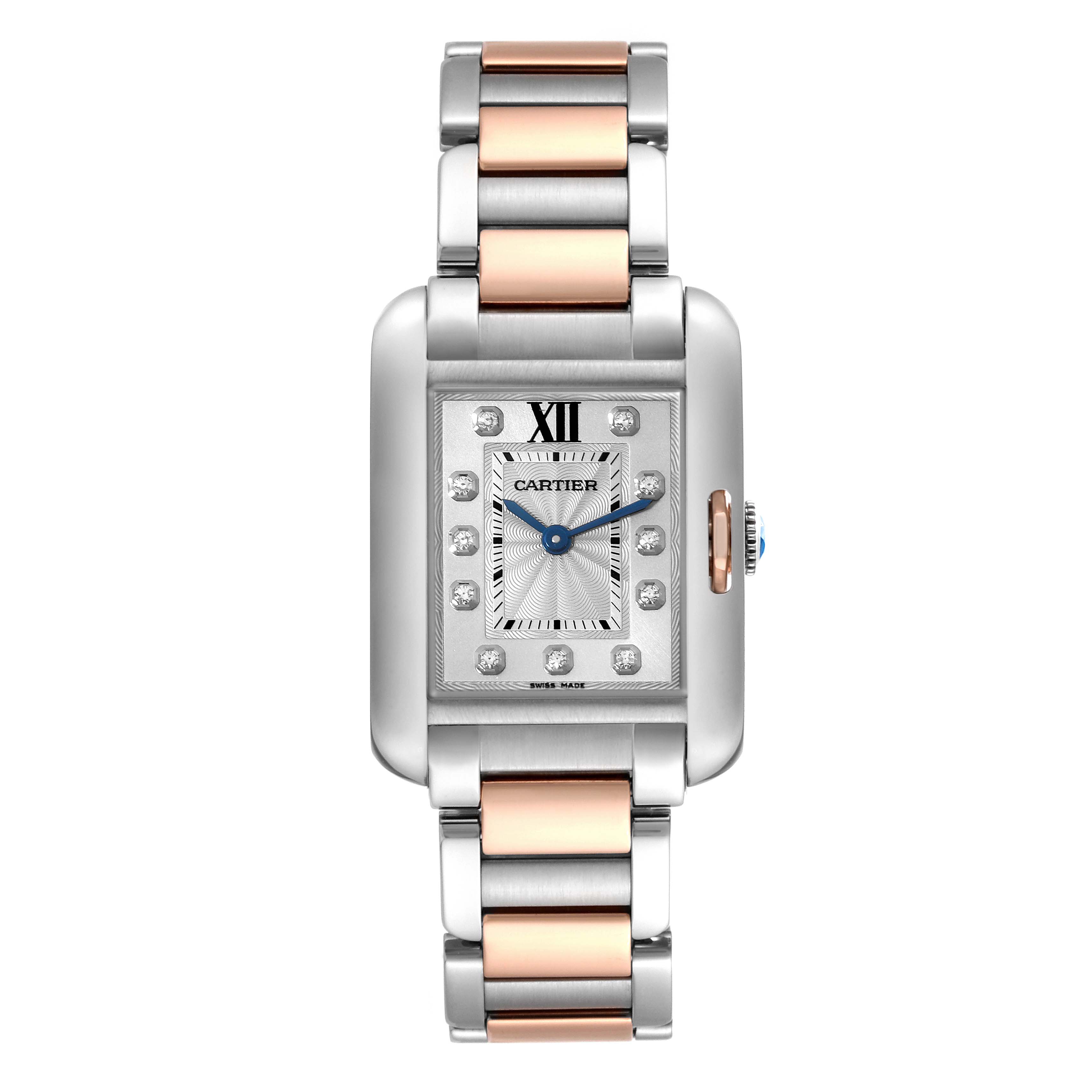 The image shows a front view of the Cartier Tank Anglaise WT100024 Women's Steel and Gold (two tone) Silver Dial WT100024 Women's Steel and Gold (two tone) Silver Dial watch, featuring a two-tone metal strap and a rectangular face.