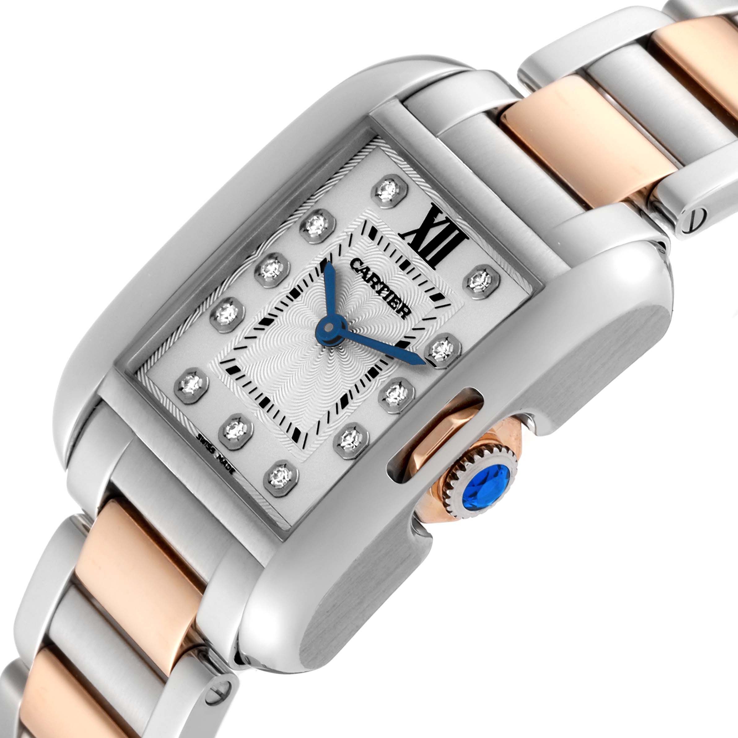The image shows a close-up angle of the Cartier Tank Anglaise WT100024 Women's Steel and Gold (two tone) Silver Dial WT100024 Women's Steel and Gold (two tone) Silver Dial watch, highlighting its dial, crown, and part of the bracelet.
