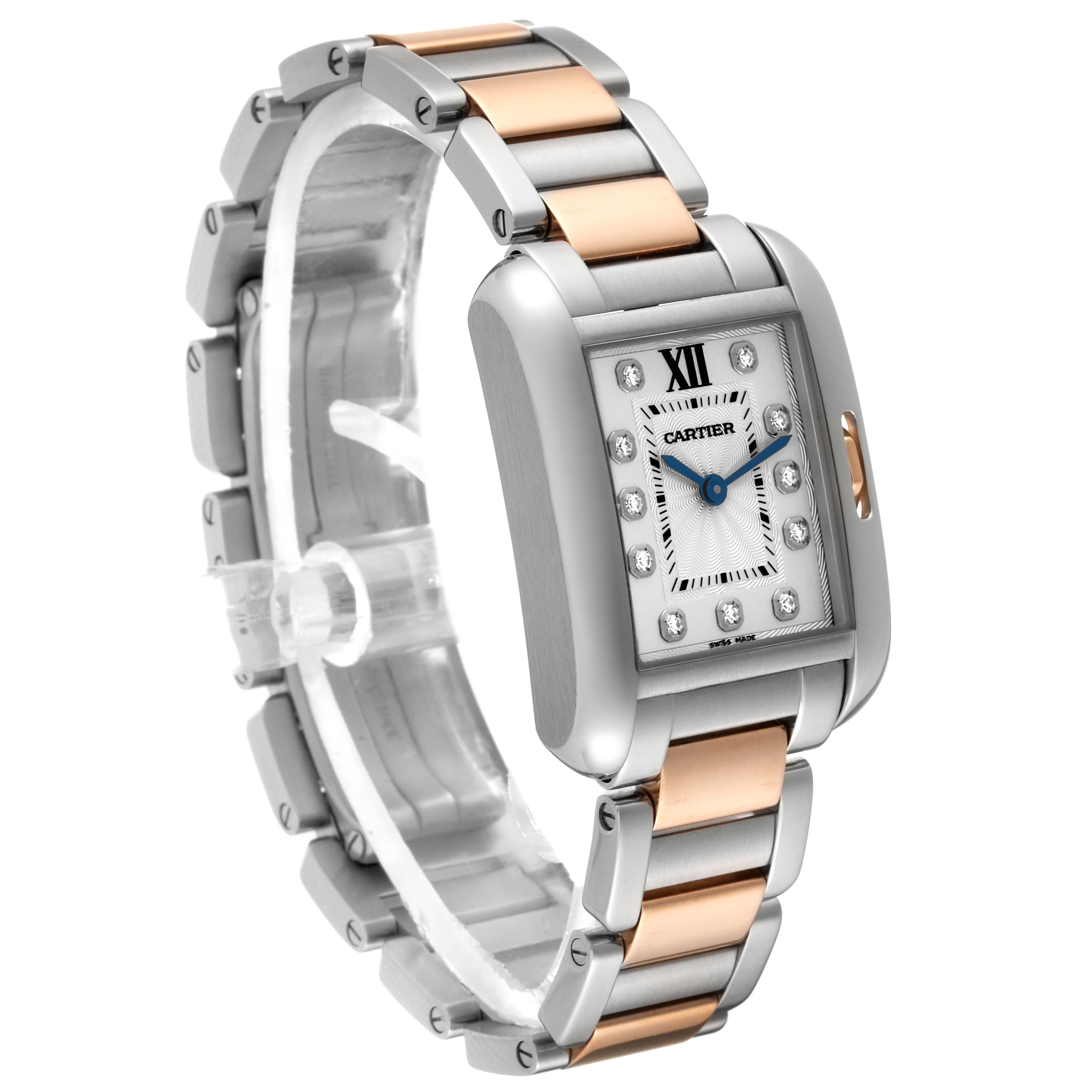 This image shows a Cartier Tank Anglaise WT100024 Women's Steel and Gold (two tone) Silver Dial WT100024 Women's Steel and Gold (two tone) Silver Dial watch at an angle highlighting the face, side, and two-tone metal bracelet.