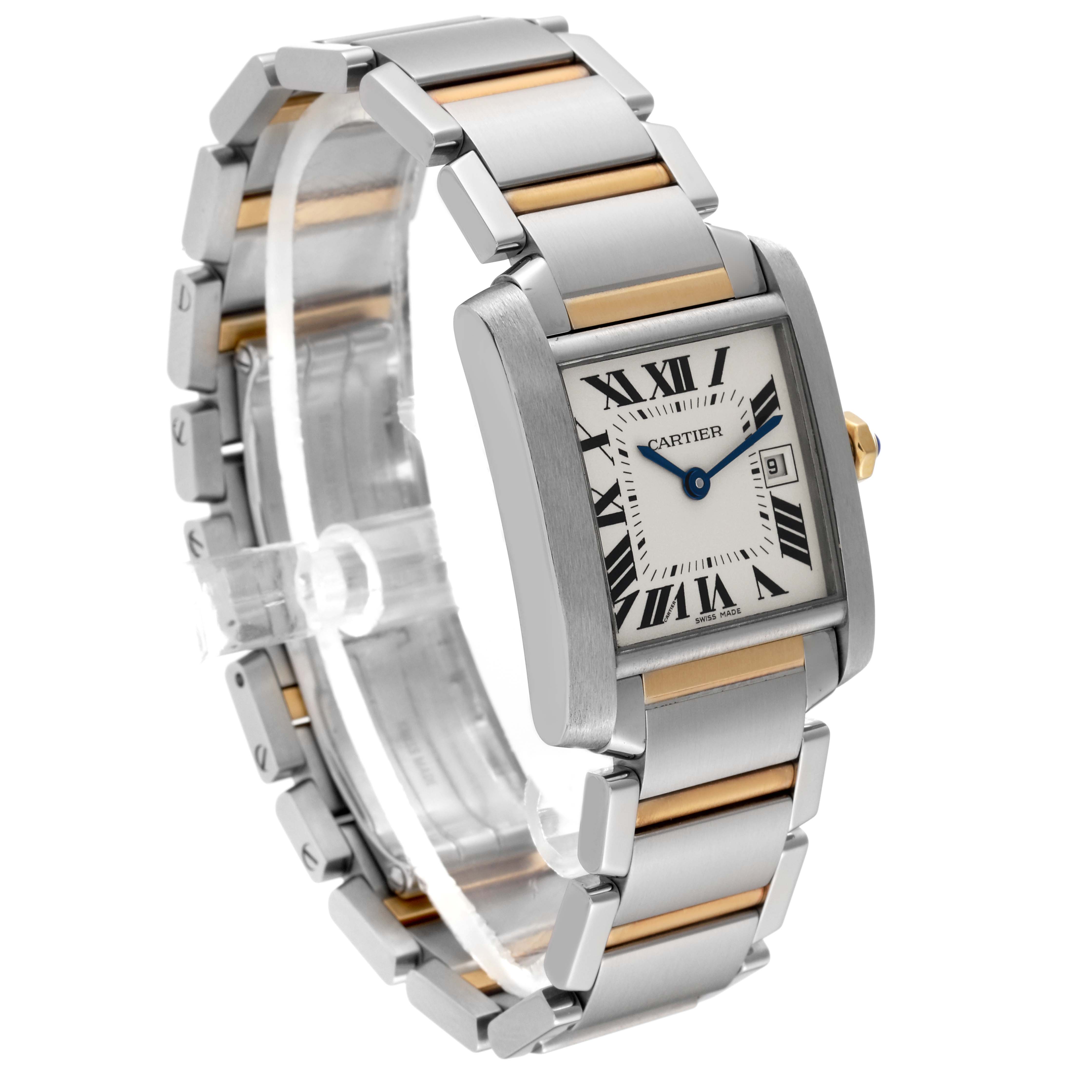 The image shows a Cartier Tank Française watch at a three-quarter angle, highlighting its bracelet, dial, and crown.