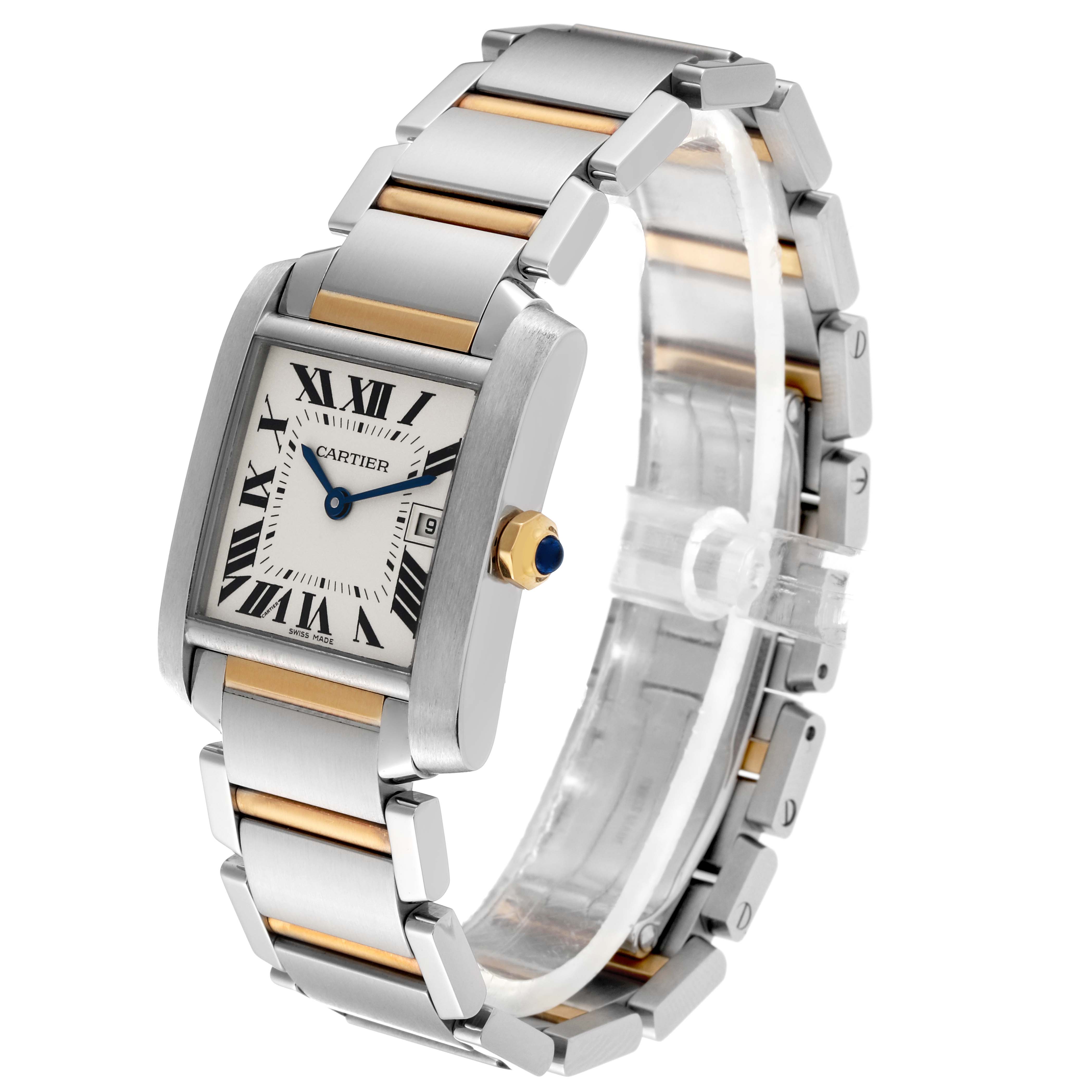The Cartier Tank Francaise W51012Q4 Women
s Stainless Steel Silver Dial W51012Q4 Women
s Stainless Steel Silver Dial watch is shown at an angle displaying its face, bezel, crown, bracelet, and part of the clasp.