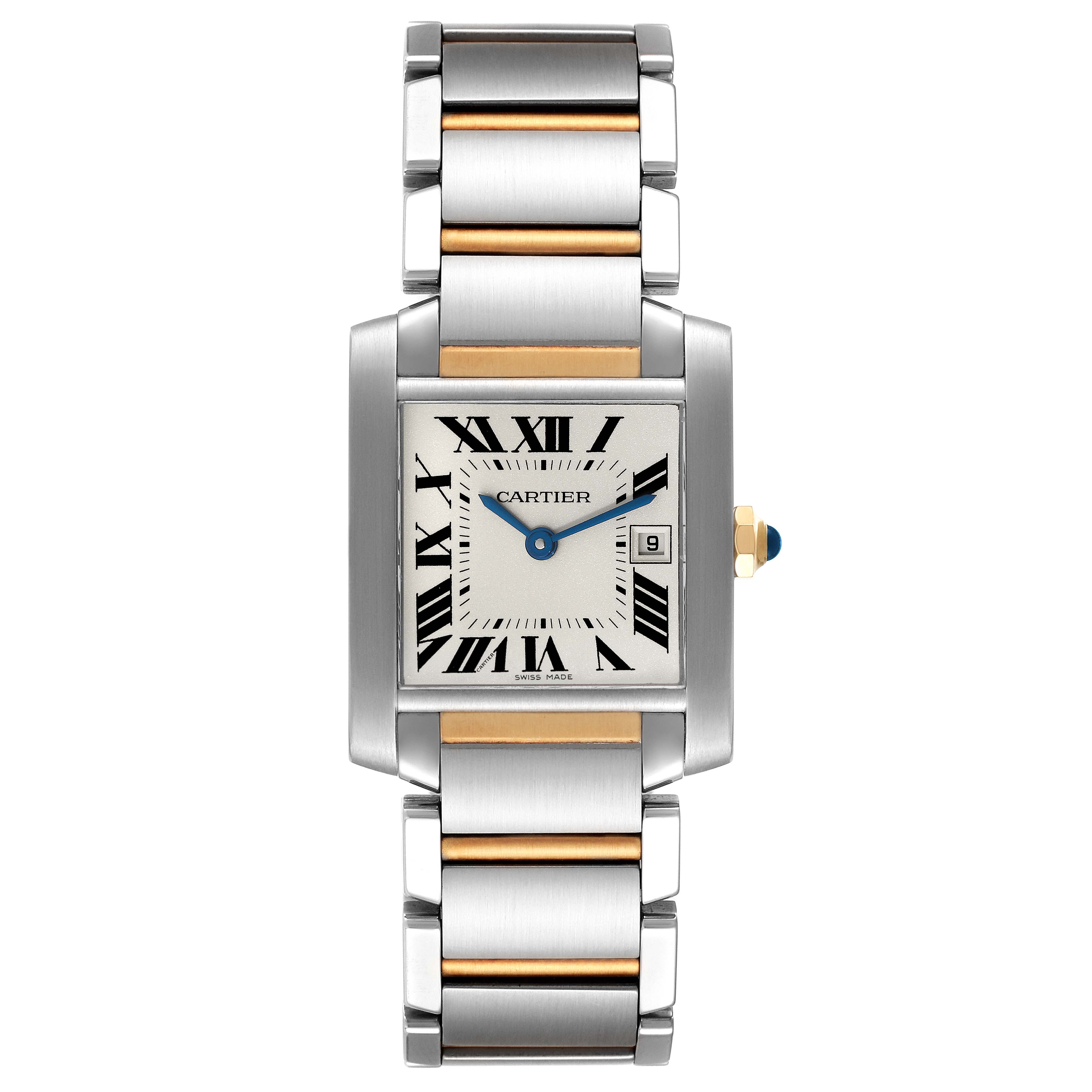 This image shows a front view of the Tank Française watch by Cartier, highlighting its rectangular face, Roman numerals, and metal bracelet.