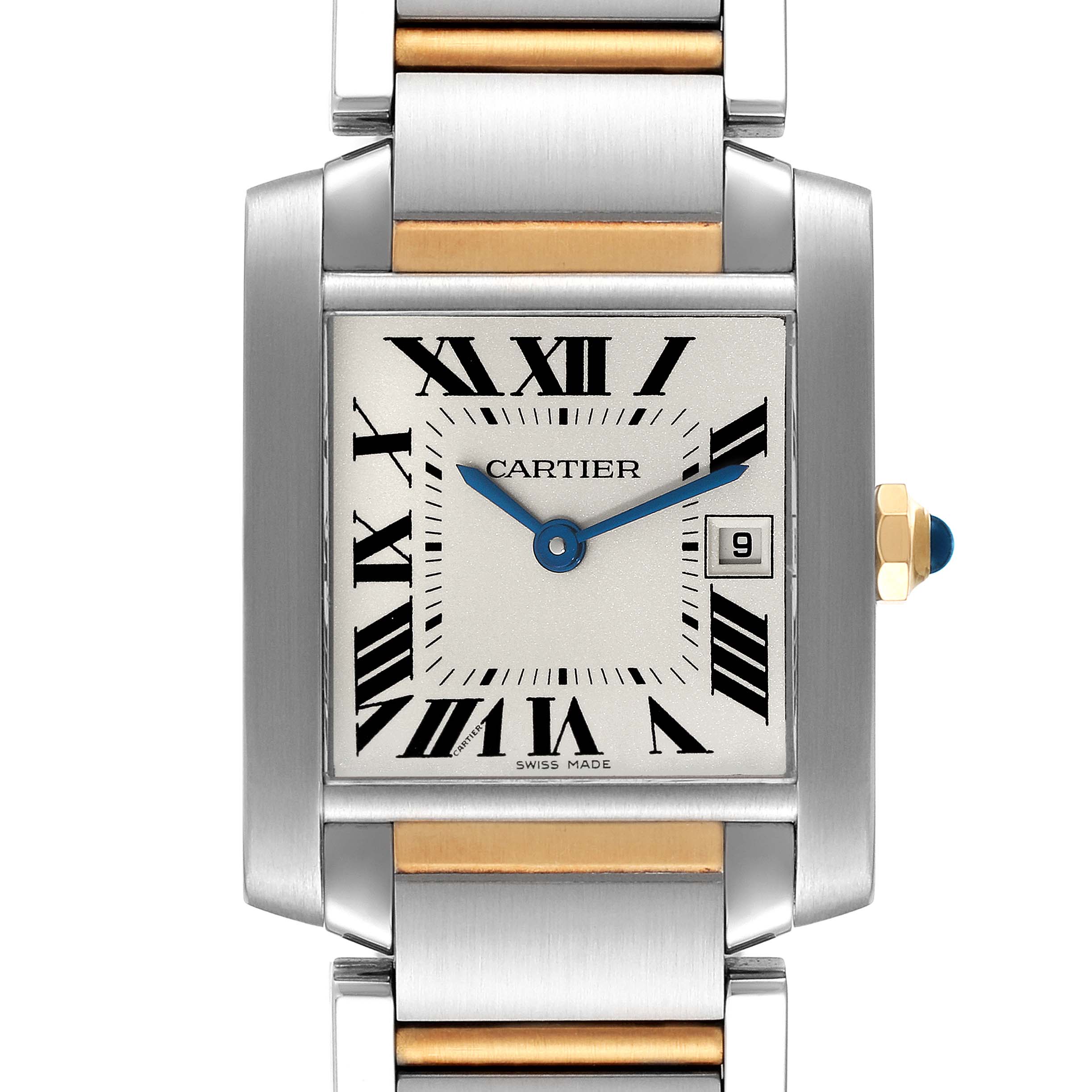 This image shows a front view of the Cartier Tank Française watch, highlighting the rectangular face, Roman numerals, and metal bracelet.