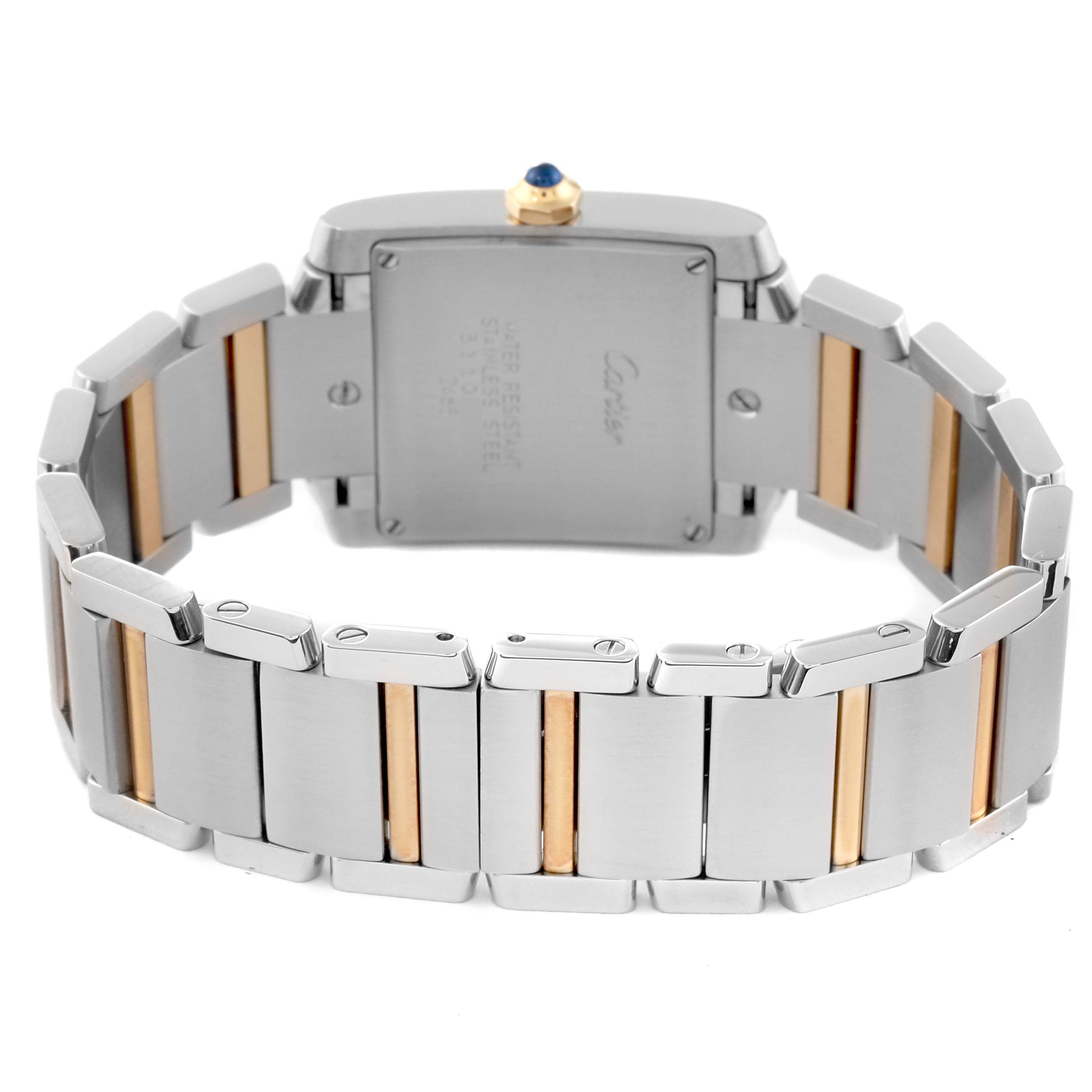 This image shows the back view and bracelet of the Cartier Tank Française watch.