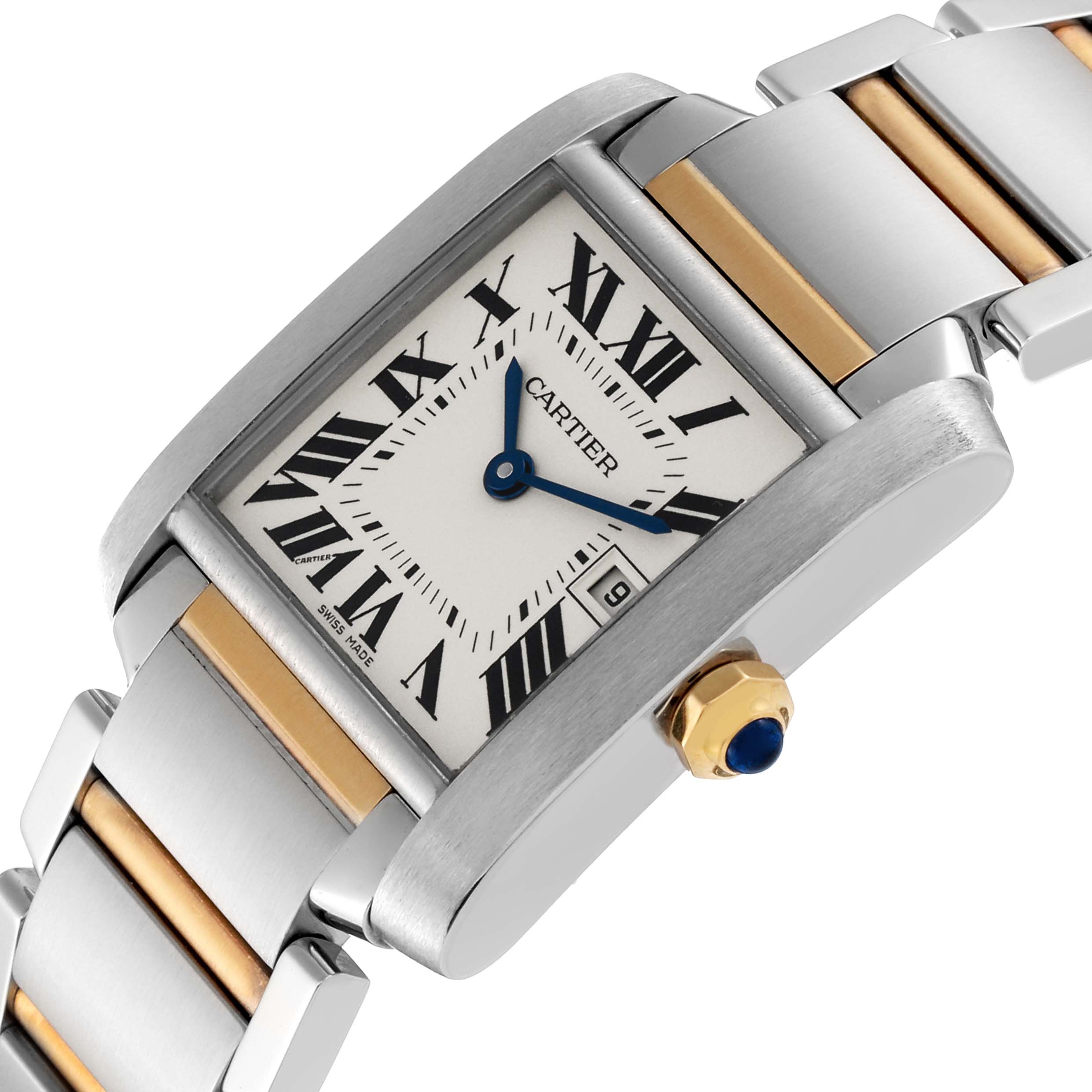 The image shows a close-up of the Cartier Tank Francaise W51012Q4 Women
s Stainless Steel Silver Dial W51012Q4 Women
s Stainless Steel Silver Dial watch, highlighting its rectangular face, Roman numerals, blue hands, and two-tone bracelet.