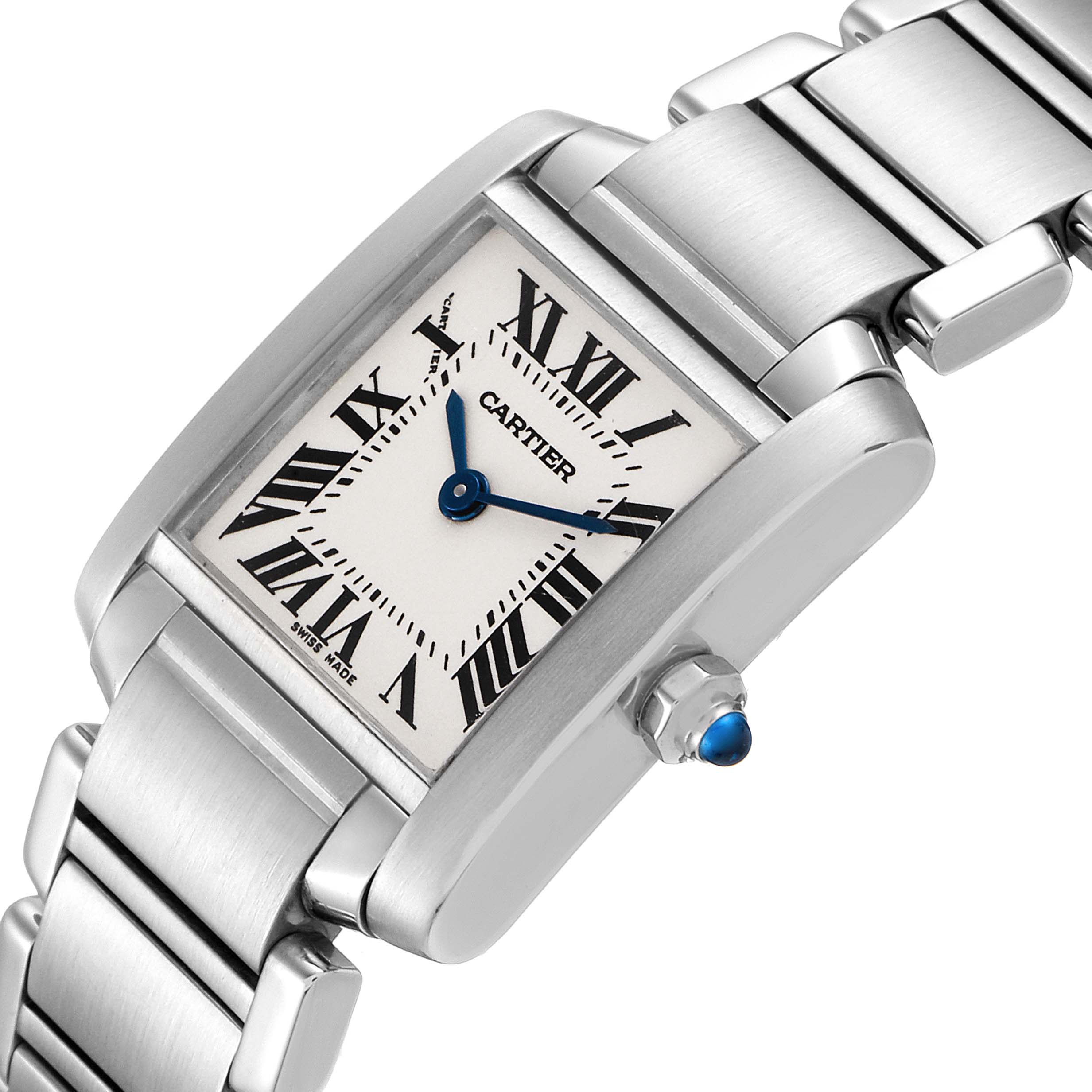The image shows a close-up angle of the Cartier Tank Francaise W51008Q3 Women
s Stainless Steel Silver Dial W51008Q3 Women
s Stainless Steel Silver Dial watch, highlighting its rectangular face, Roman numerals, and stainless steel band.