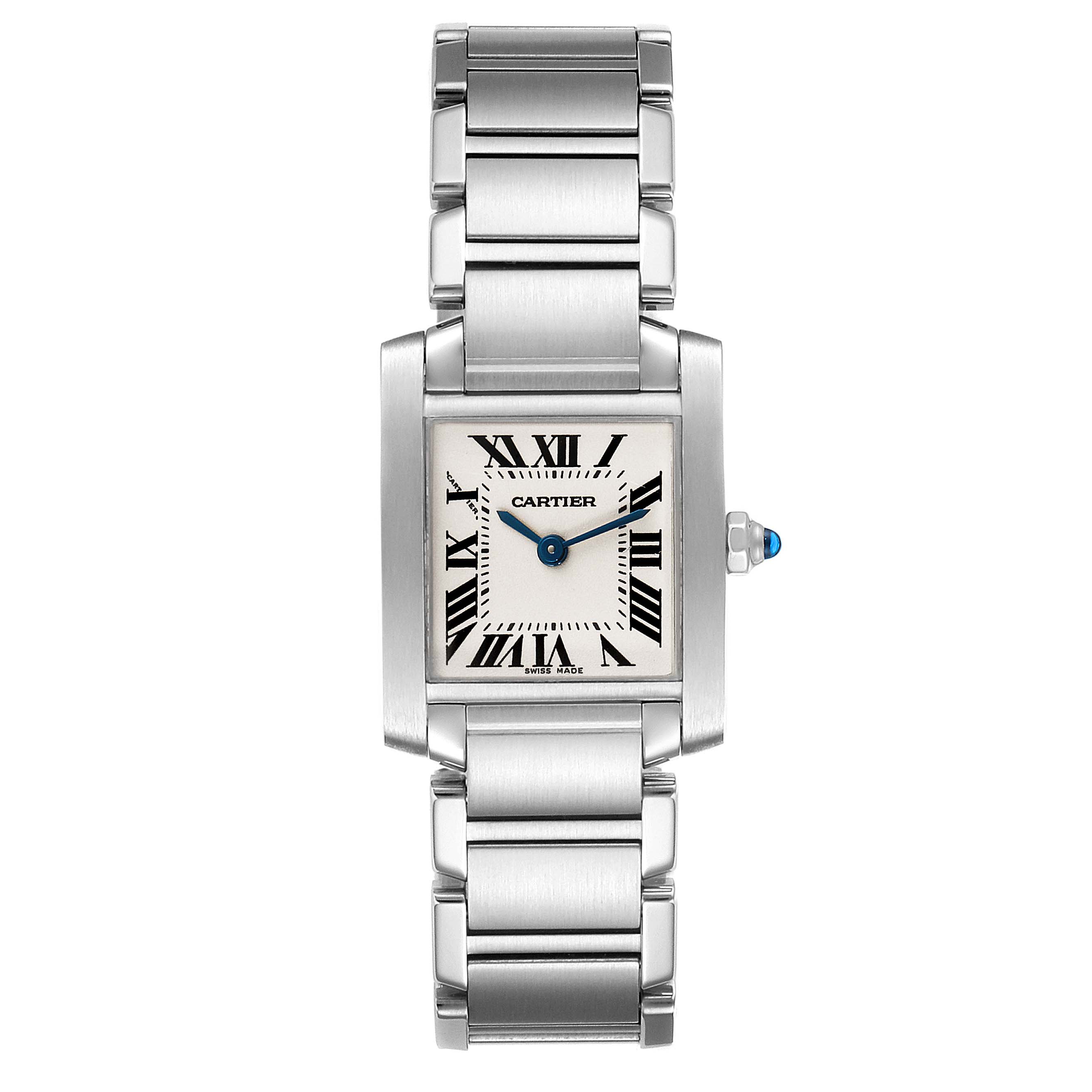 This image shows a frontal view of the Cartier Tank Française watch, displaying the case, dial, and bracelet.