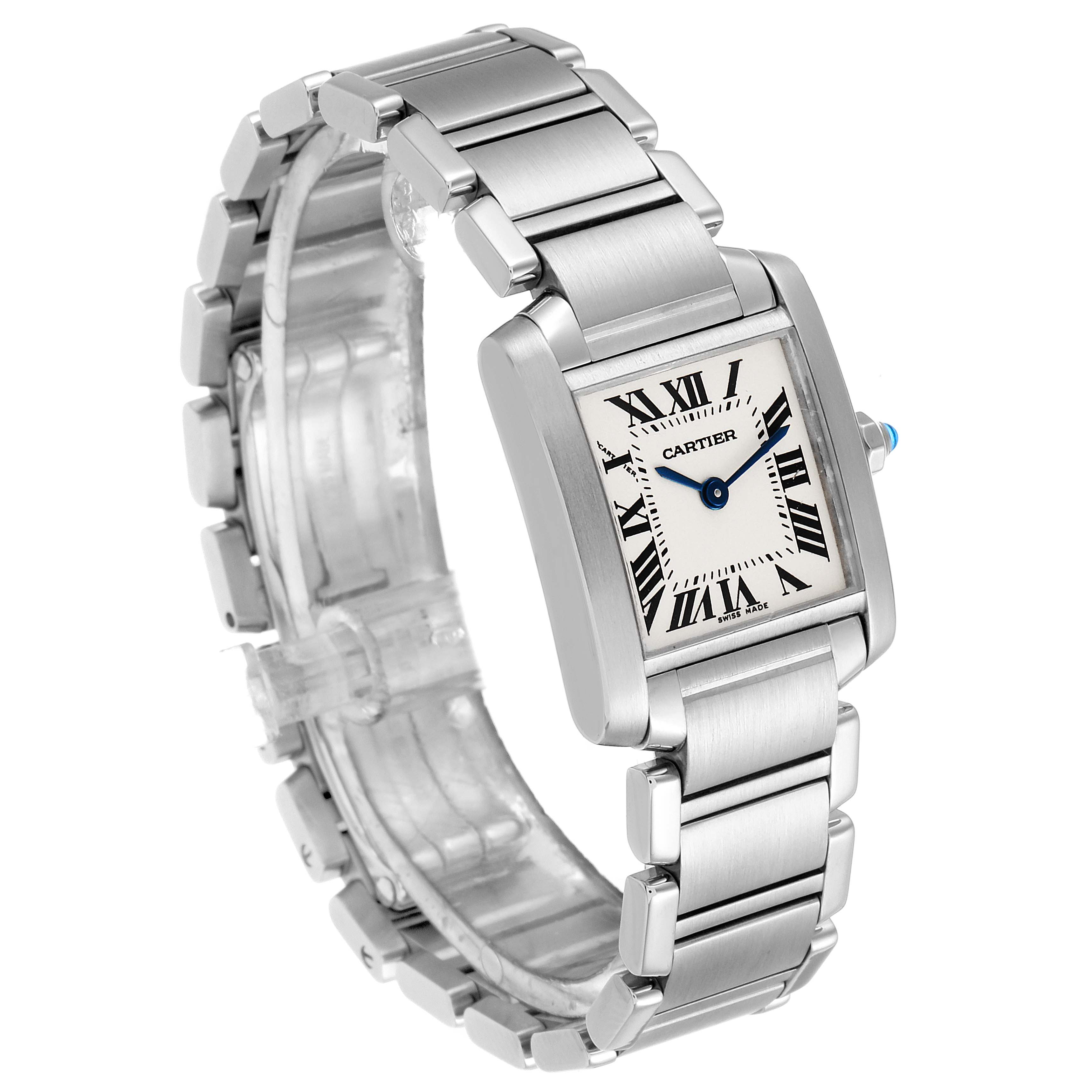 The Cartier Tank Francaise W51008Q3 Women
s Stainless Steel Silver Dial W51008Q3 Women
s Stainless Steel Silver Dial watch is shown at a slight angle, displaying the face, bracelet, and some side details.