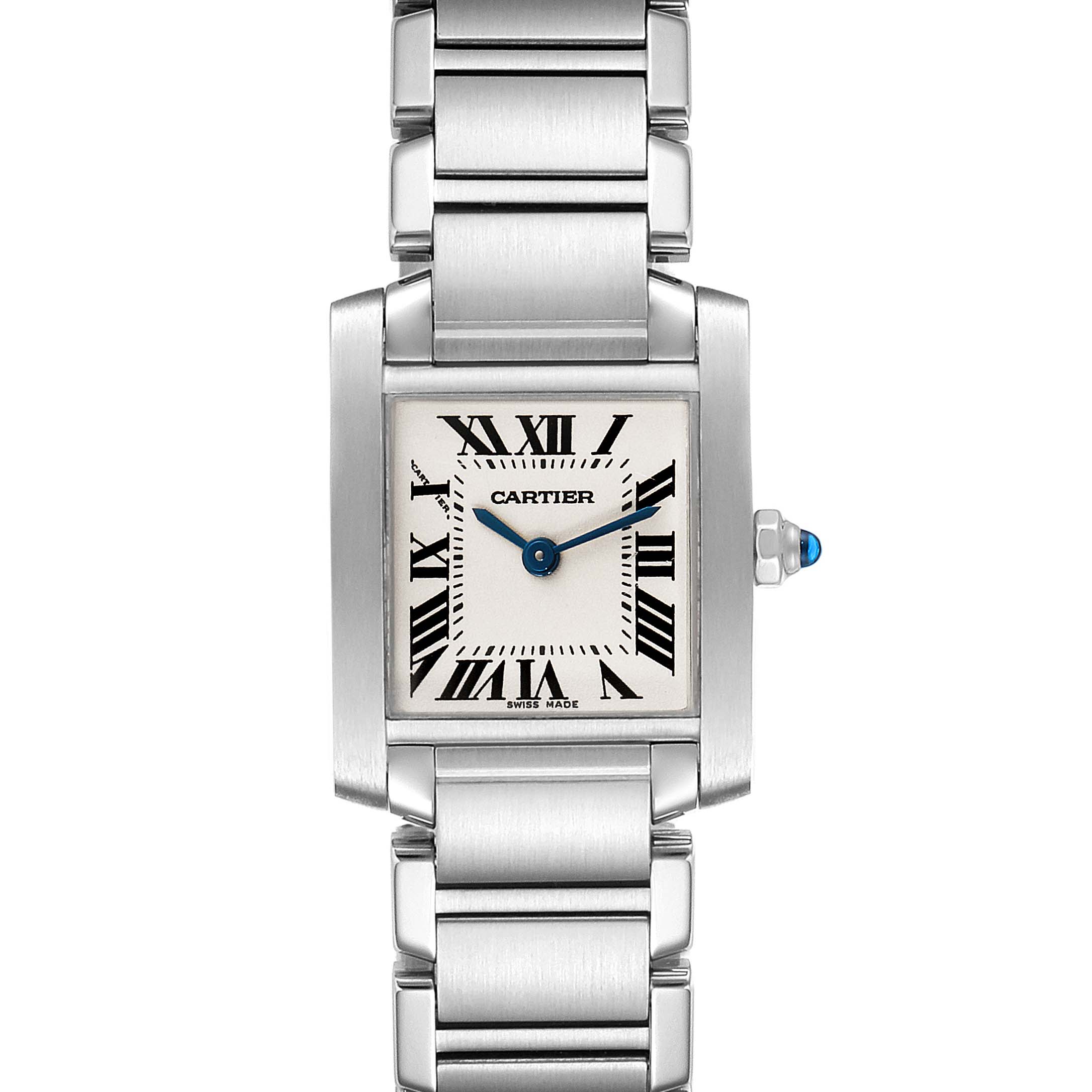 The image shows a front view of the Cartier Tank Française watch, highlighting the dial, case, bezel, and part of the bracelet.