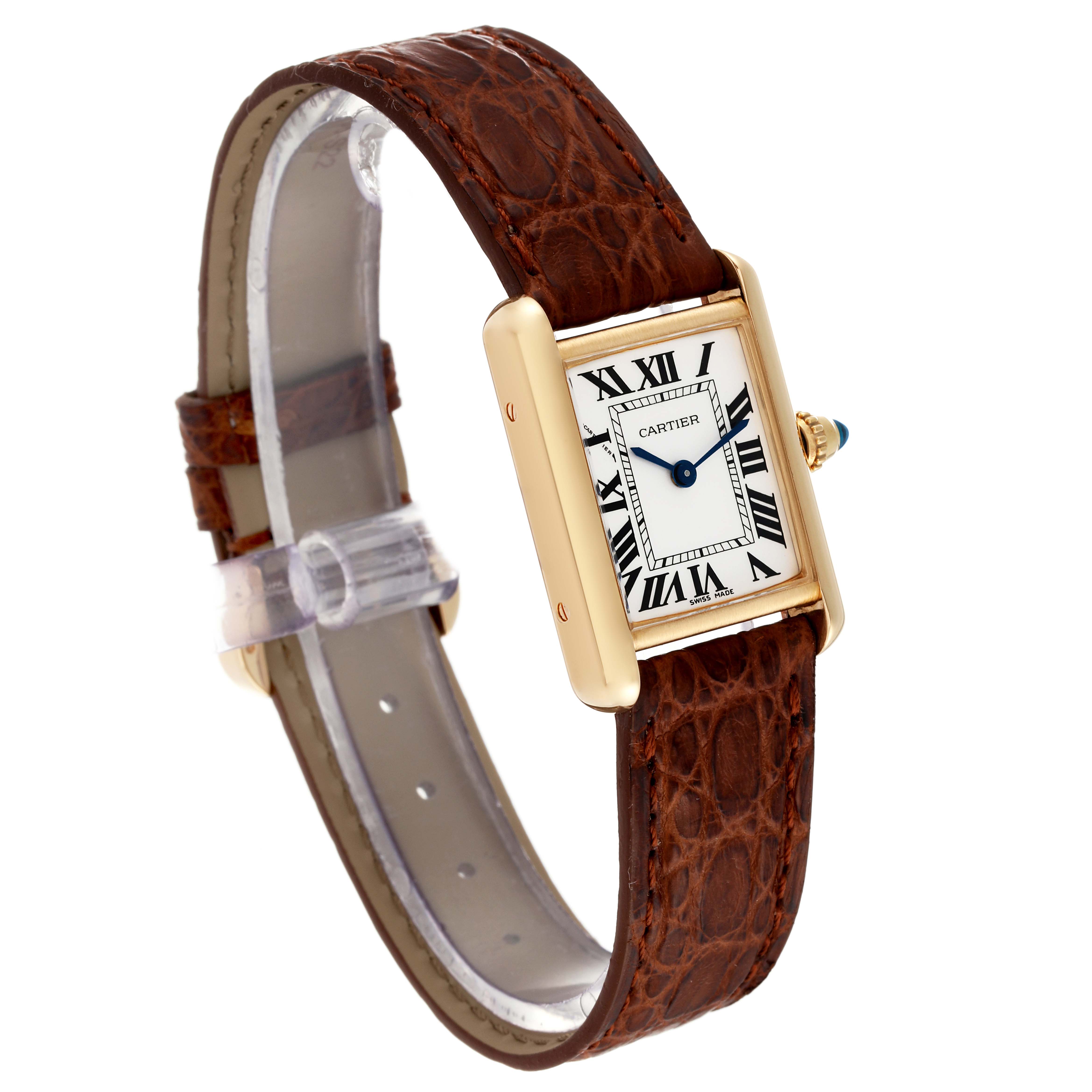 This image shows a side perspective of the Cartier Tank Louis W1529856 Women's Yellow Gold Silver Dial W1529856 Women's Yellow Gold Silver Dial watch, displaying the strap, case, crown, and dial.