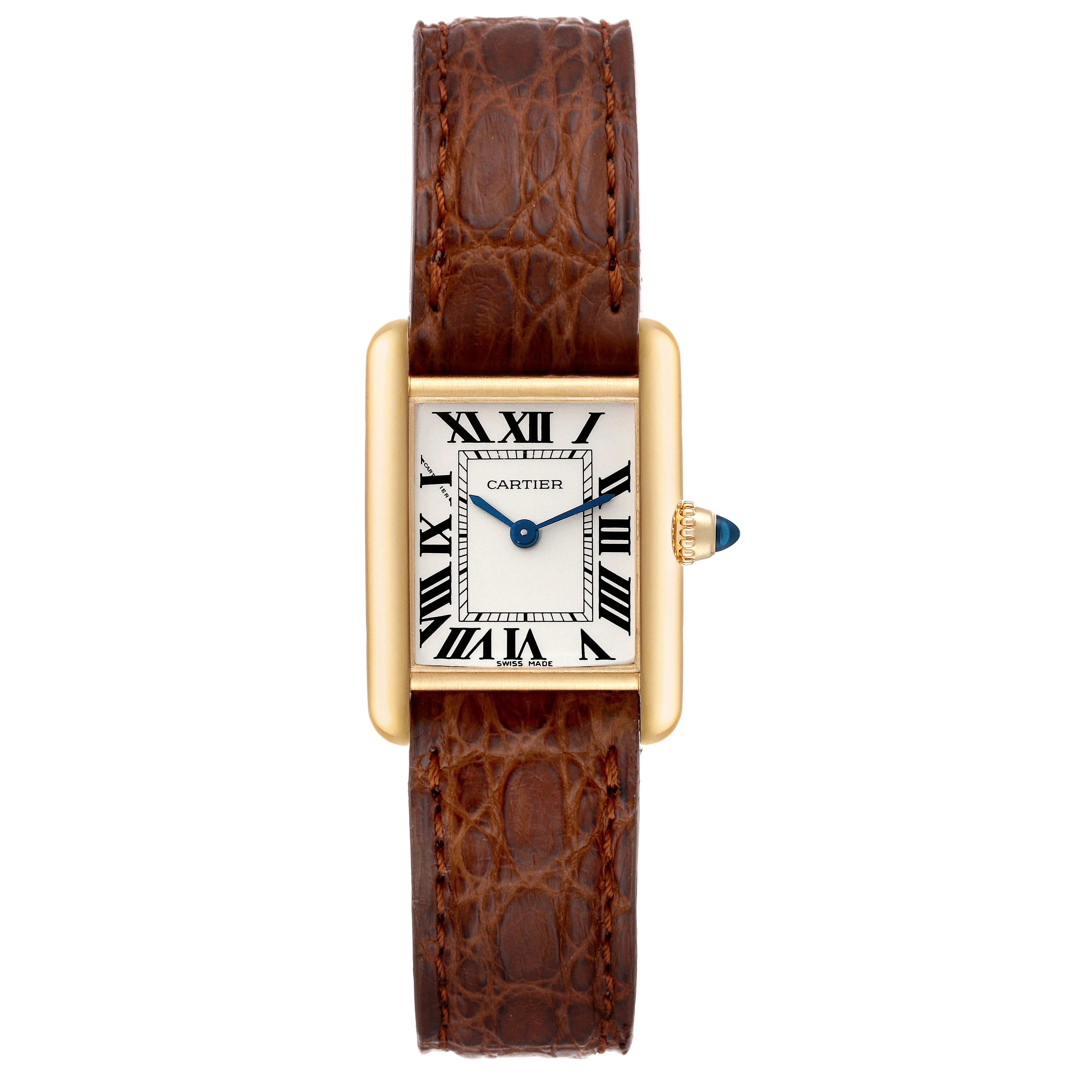 This image shows a frontal view of the Cartier Tank Louis W1529856 Women's Yellow Gold Silver Dial W1529856 Women's Yellow Gold Silver Dial watch, displaying its dial, case, crown, and leather strap.