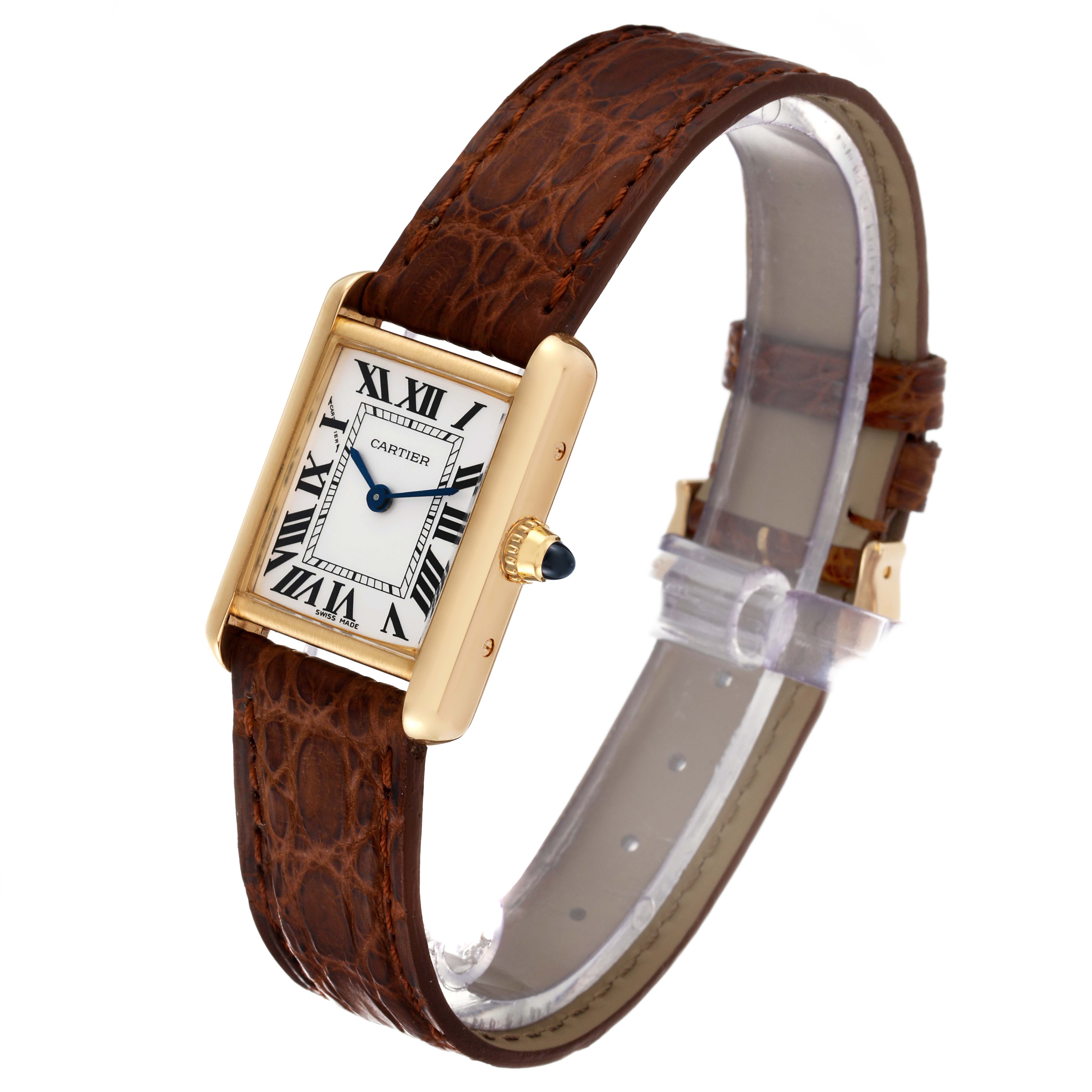 This is a Cartier Tank Louis W1529856 Women's Yellow Gold Silver Dial W1529856 Women's Yellow Gold Silver Dial watch shown at a slight angle, displaying the face, case, and leather strap.