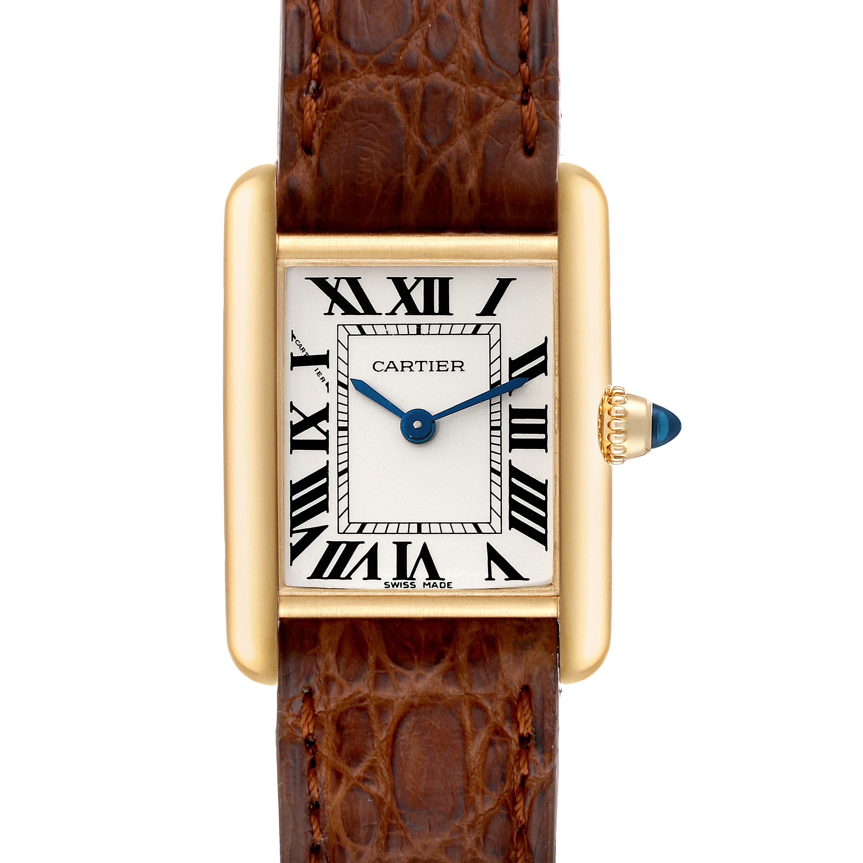 The Cartier Tank Louis W1529856 Women's Yellow Gold Silver Dial W1529856 Women's Yellow Gold Silver Dial watch is shown from a top-down angle, displaying its dial, case, crown, and part of the leather strap.