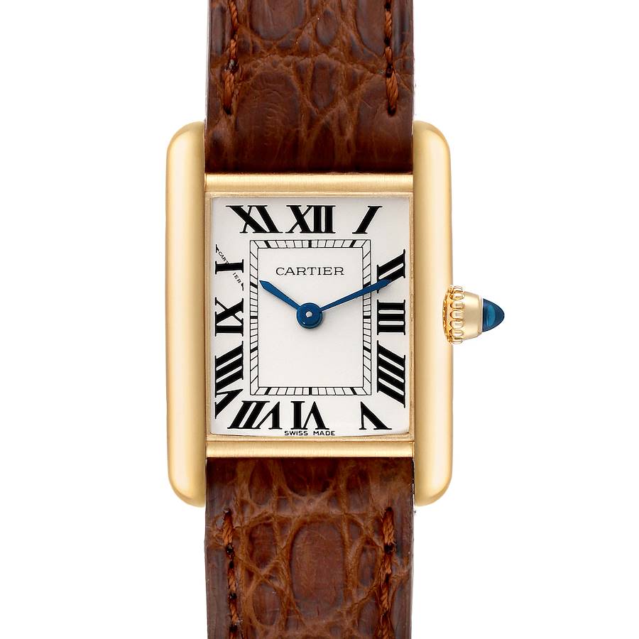 Cartier Tank Louis Small Yellow Gold Brown Strap Ladies Watch W1529856 Card SwissWatchExpo