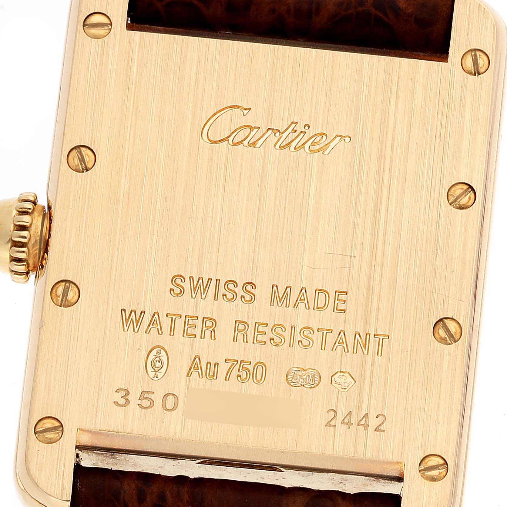 This image shows the back case of the Cartier Tank Louis W1529856 Women's Yellow Gold Silver Dial W1529856 Women's Yellow Gold Silver Dial watch, highlighting details like "Swiss Made" and water resistance.