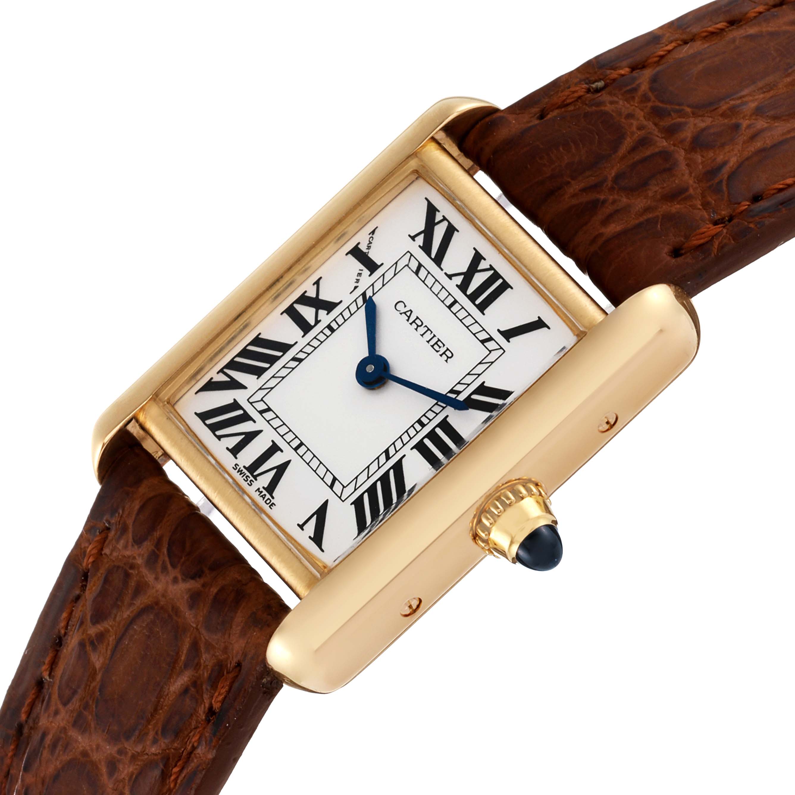 The image shows a Cartier Tank Louis W1529856 Women's Yellow Gold Silver Dial W1529856 Women's Yellow Gold Silver Dial watch at an angle, highlighting the face, casing, crown, and leather strap.