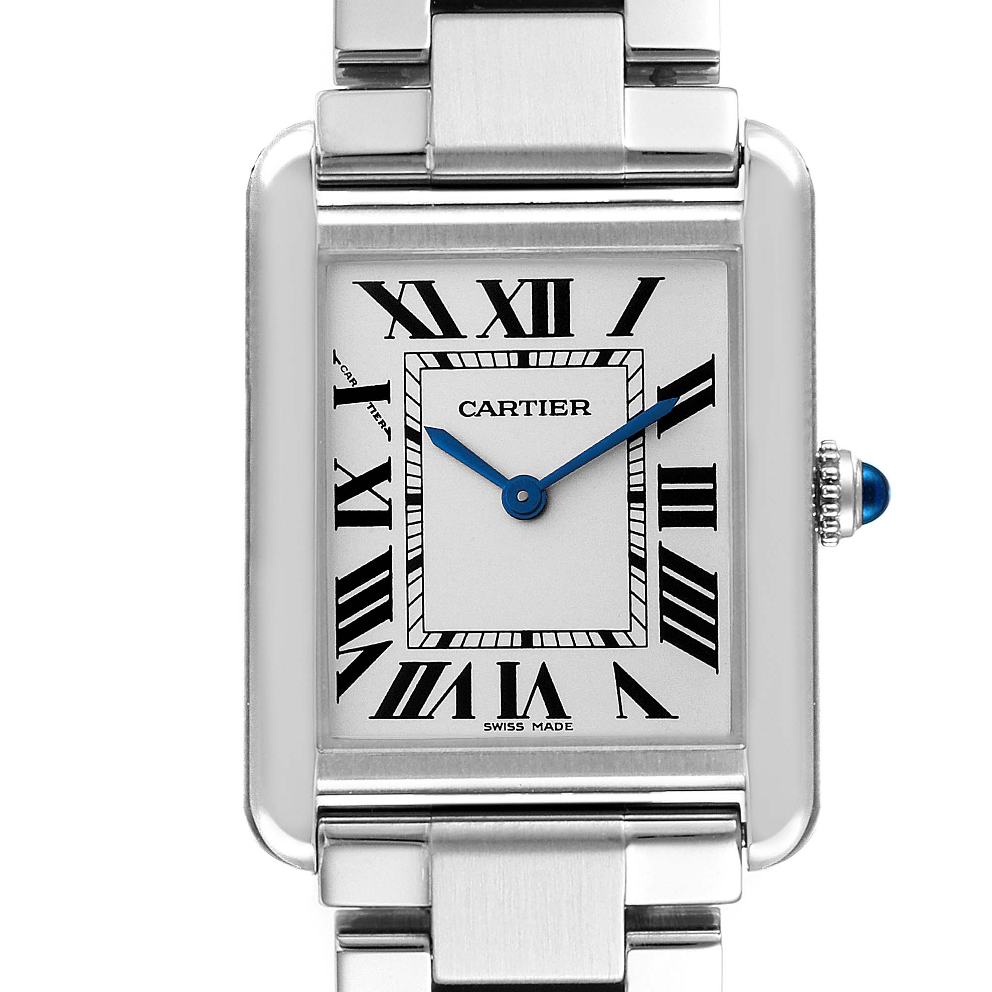 This image shows a front view of the Cartier Tank Solo W5200013 Women
s Stainless Steel Silver Dial W5200013 Women
s Stainless Steel Silver Dial watch, highlighting its face, hands, bracelet, and crown.