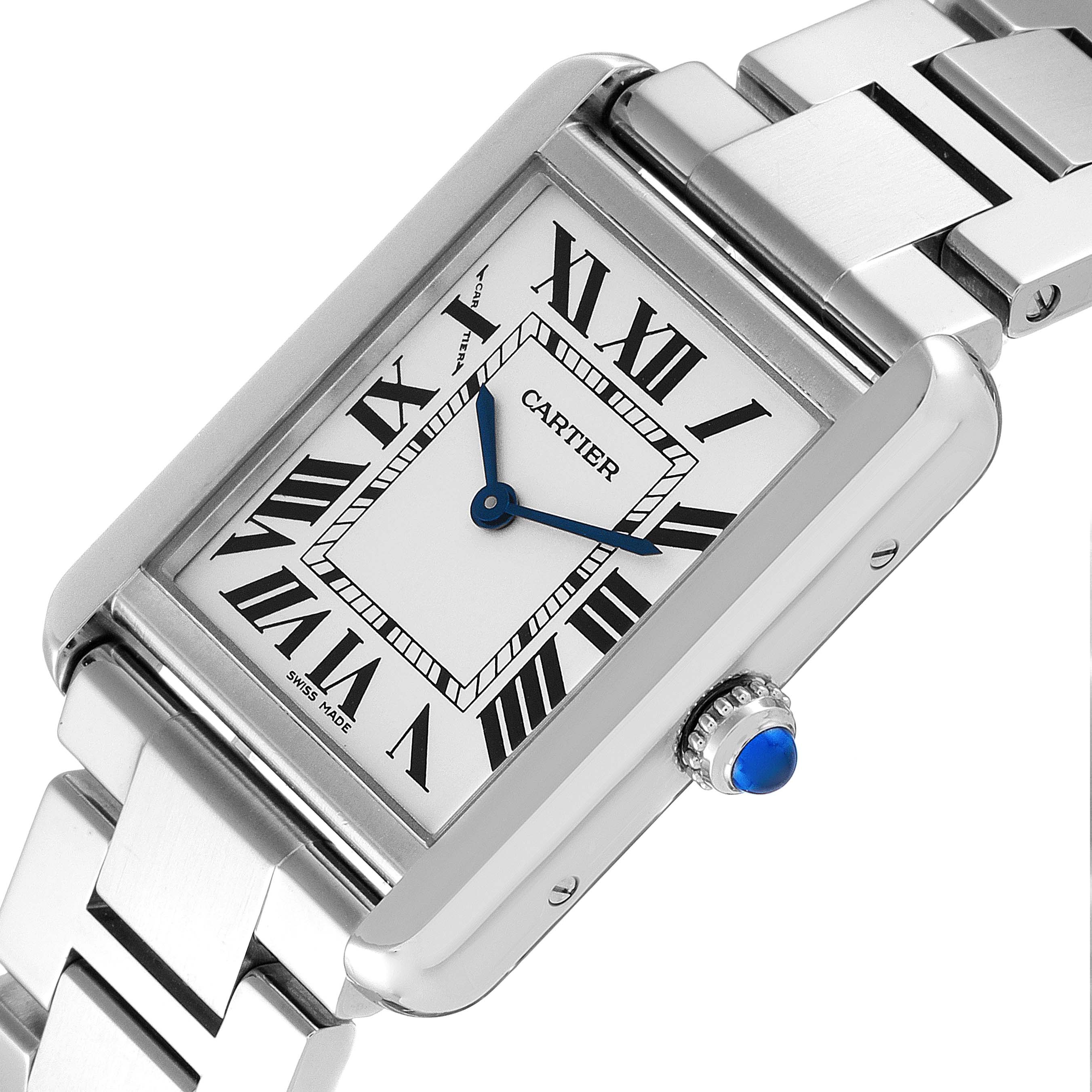 The image shows the face and part of the metal strap of the Cartier Tank Solo W5200013 Women
s Stainless Steel Silver Dial W5200013 Women
s Stainless Steel Silver Dial watch at a slight angle.