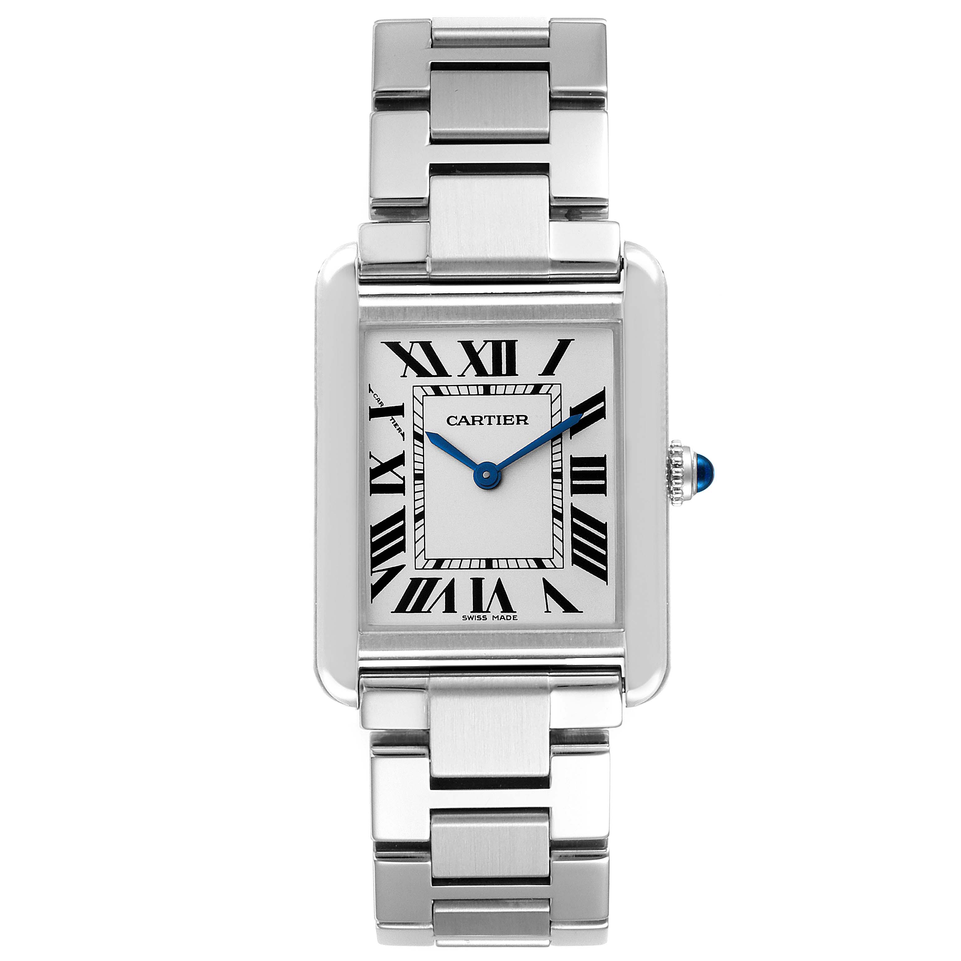 The image shows a front view of a Cartier Tank Solo W5200013 Women
s Stainless Steel Silver Dial W5200013 Women
s Stainless Steel Silver Dial watch, displaying its face, bracelet, and crown.