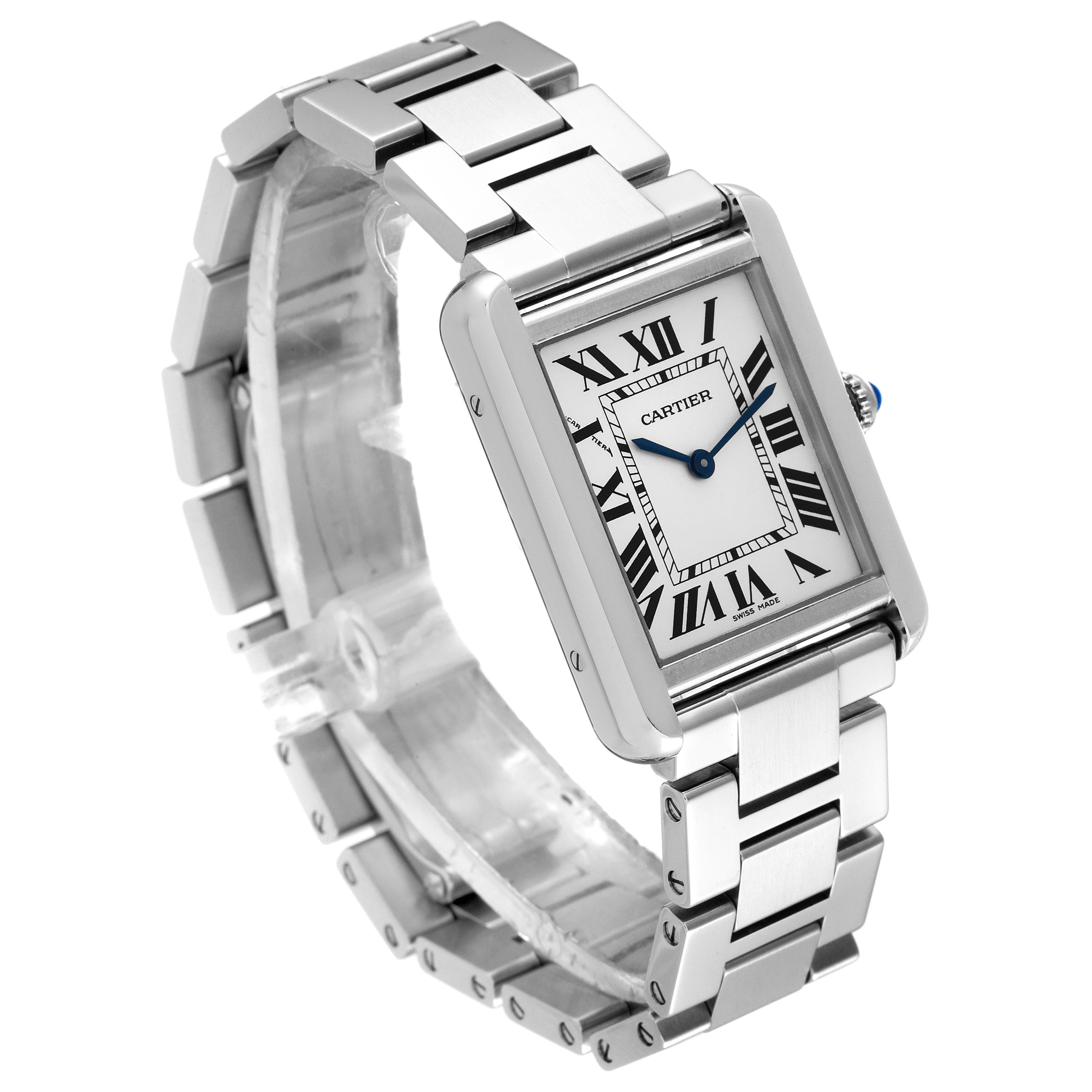 The image shows a Cartier Tank Solo W5200013 Women
s Stainless Steel Silver Dial W5200013 Women
s Stainless Steel Silver Dial watch from a three-quarter angle, highlighting its face, bezel, and metal bracelet.