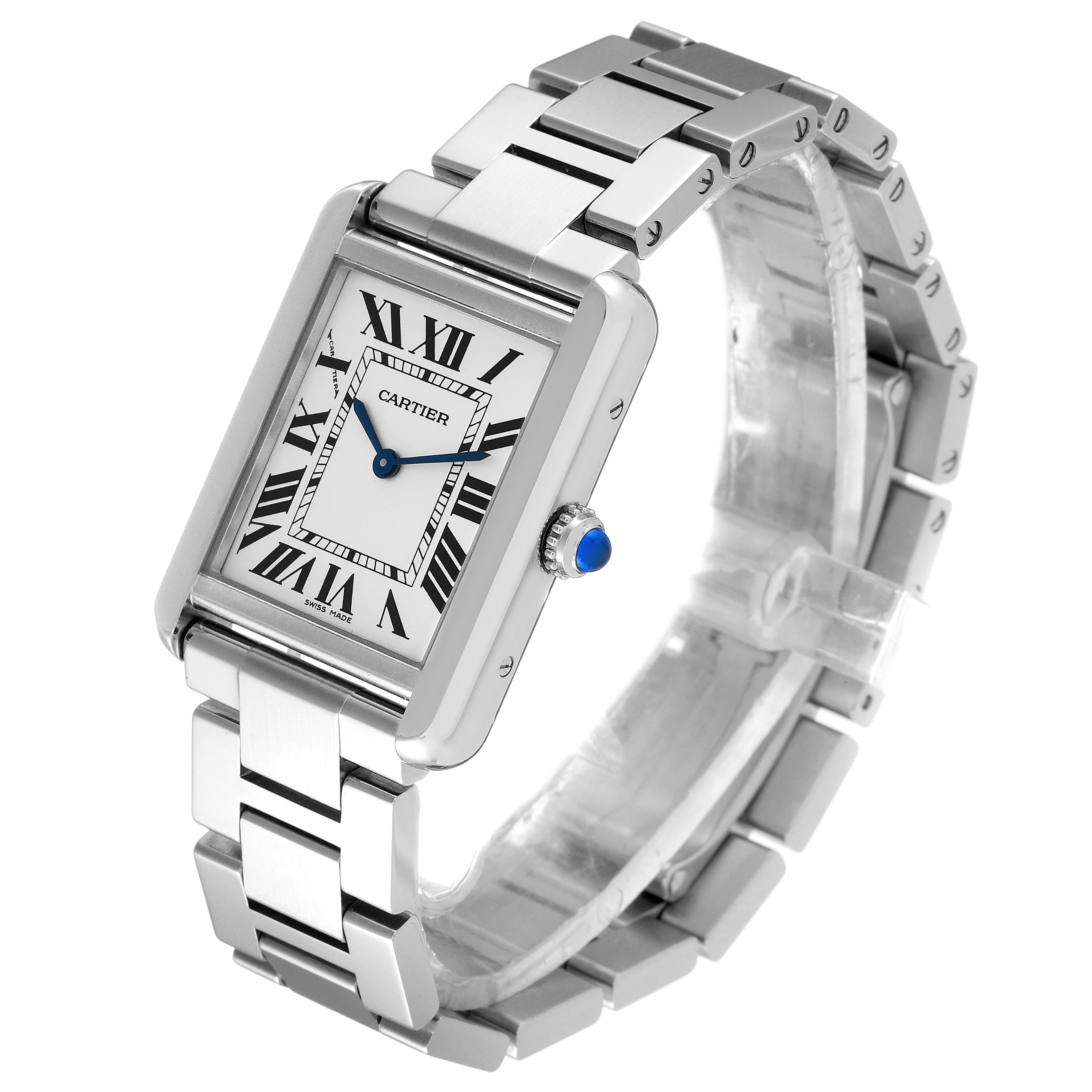 The image shows a Cartier Tank Solo W5200013 Women
s Stainless Steel Silver Dial W5200013 Women
s Stainless Steel Silver Dial watch at a three-quarter view, highlighting the face, bezel, crown, and metal bracelet.