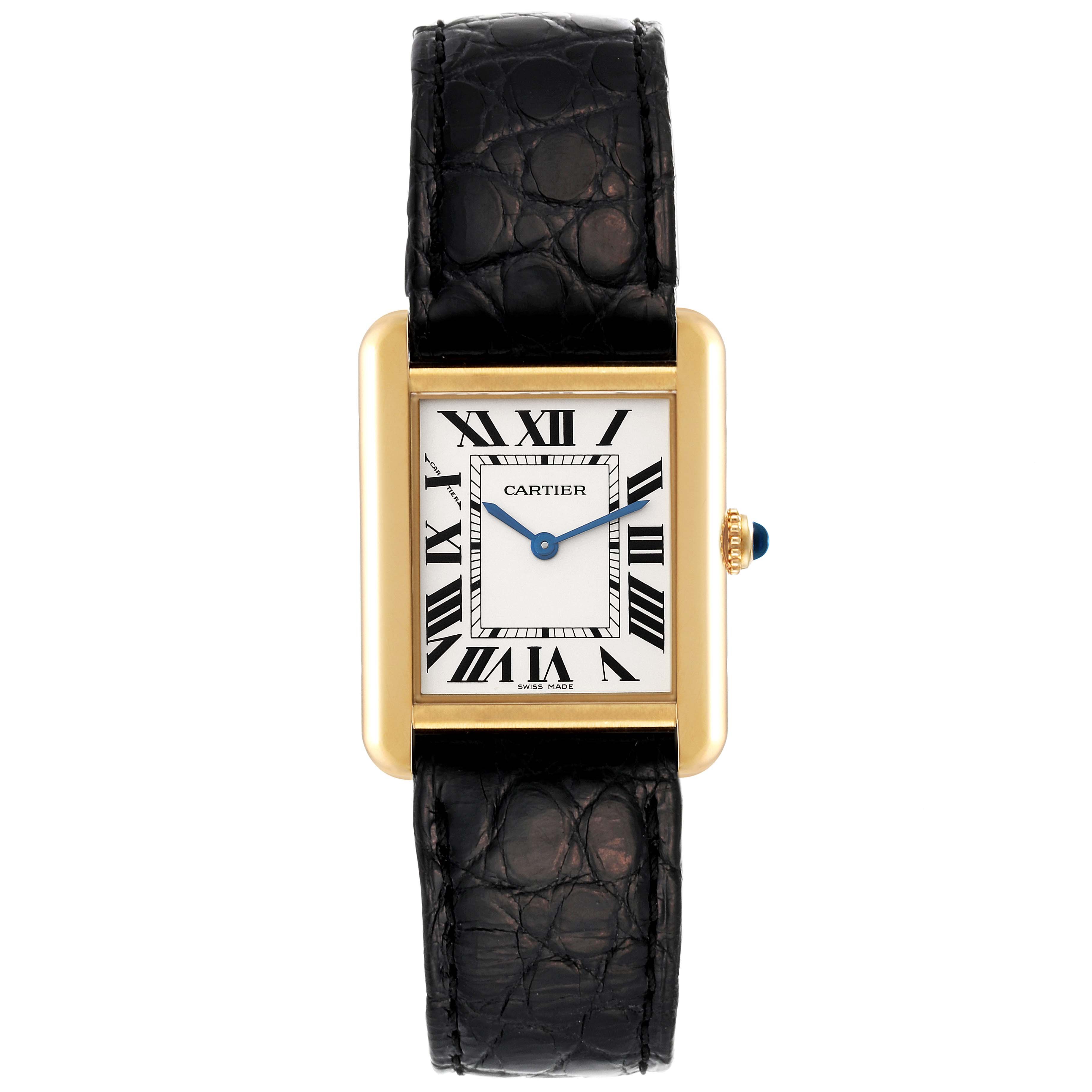 The Cartier Tank Solo W1018755 Women's Yellow Gold Silver Dial W1018755 Women's Yellow Gold Silver Dial watch is shown from a front angle, displaying its face, case, and leather strap.