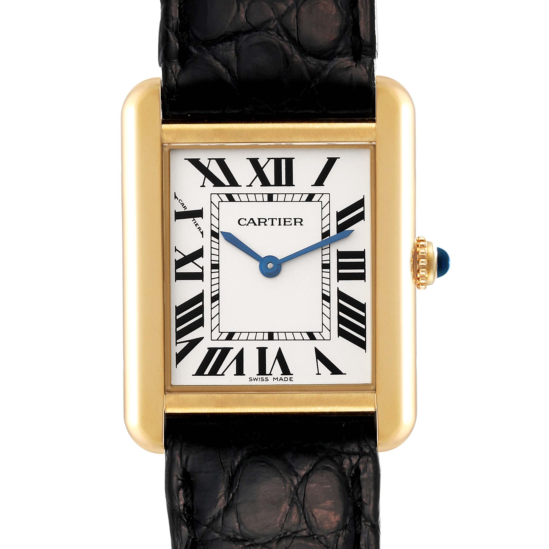 The image shows a straight-on view of the Cartier Tank Solo W1018755 Women's Yellow Gold Silver Dial W1018755 Women's Yellow Gold Silver Dial watch, highlighting its rectangular face, Roman numeral dial, and leather strap.