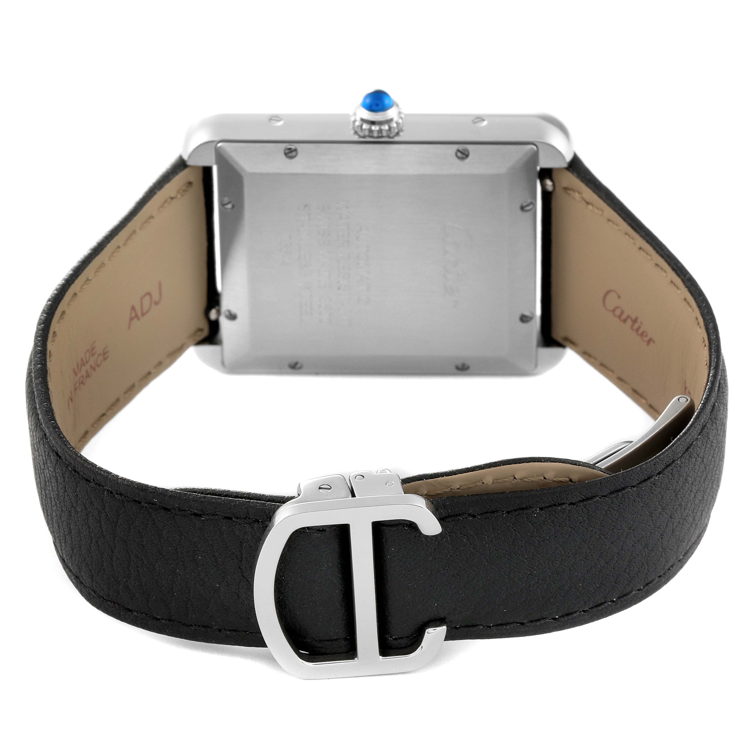 The image shows the rear view of a Cartier Tank Solo W5200027 Men
s Stainless Steel Silver Dial W5200027 Men
s Stainless Steel Silver Dial watch, highlighting the back case and leather strap with clasp.