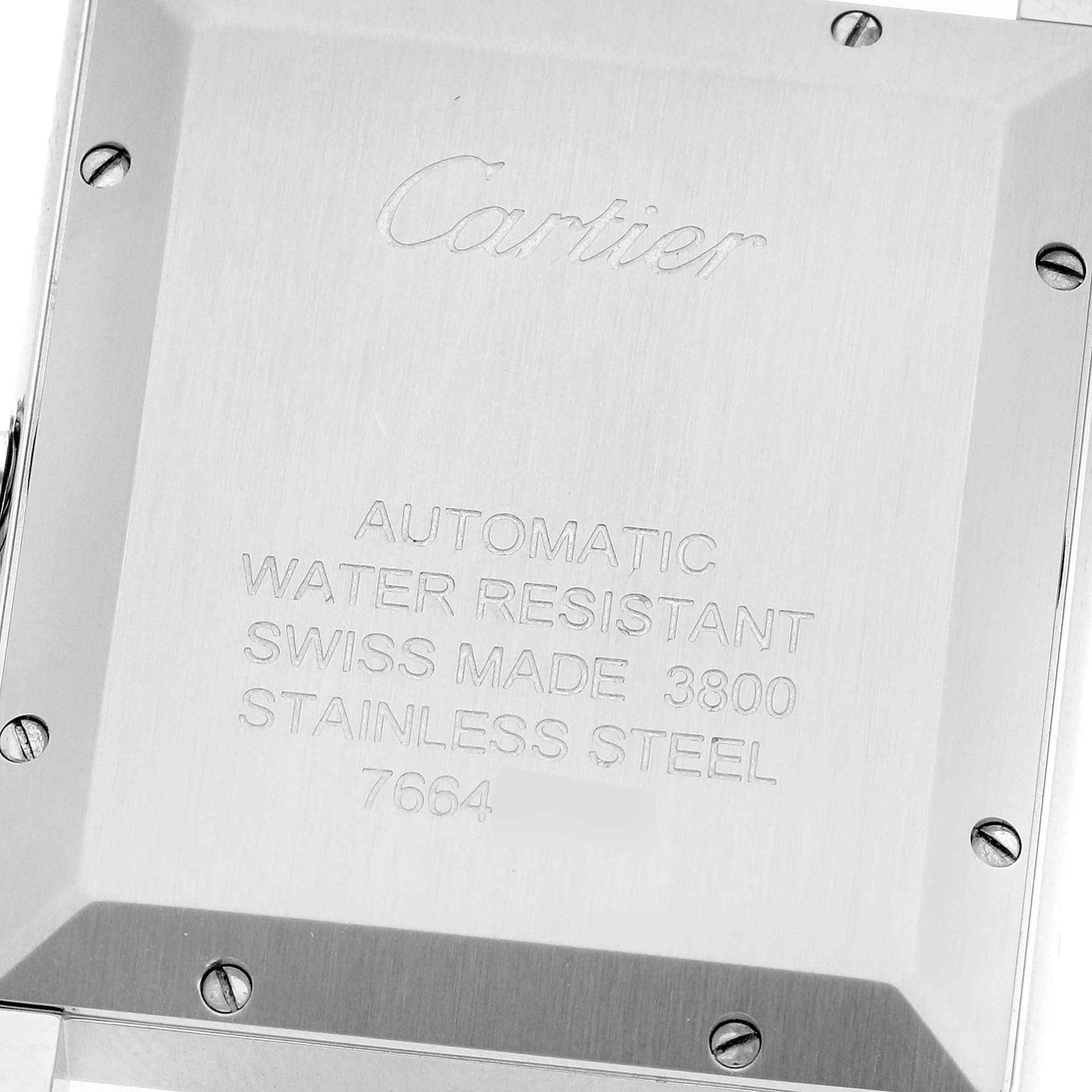 The image shows the engraved back case of a Cartier Tank Solo W5200027 Men
s Stainless Steel Silver Dial W5200027 Men
s Stainless Steel Silver Dial watch at a straight-on angle.