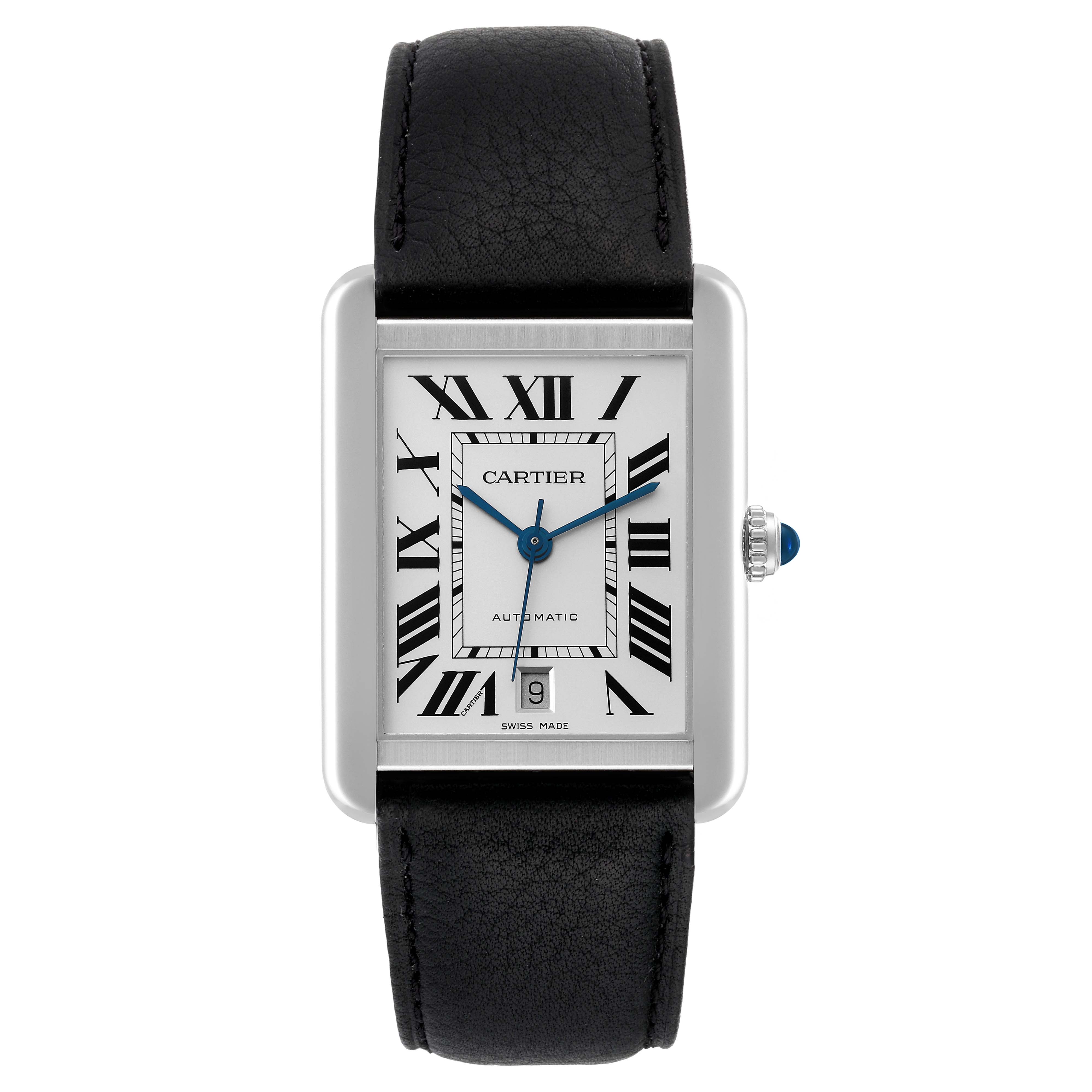 The image shows a Cartier Tank Solo W5200027 Men
s Stainless Steel Silver Dial W5200027 Men
s Stainless Steel Silver Dial watch, front view, displaying the face, Roman numerals, black leather strap, and crown.