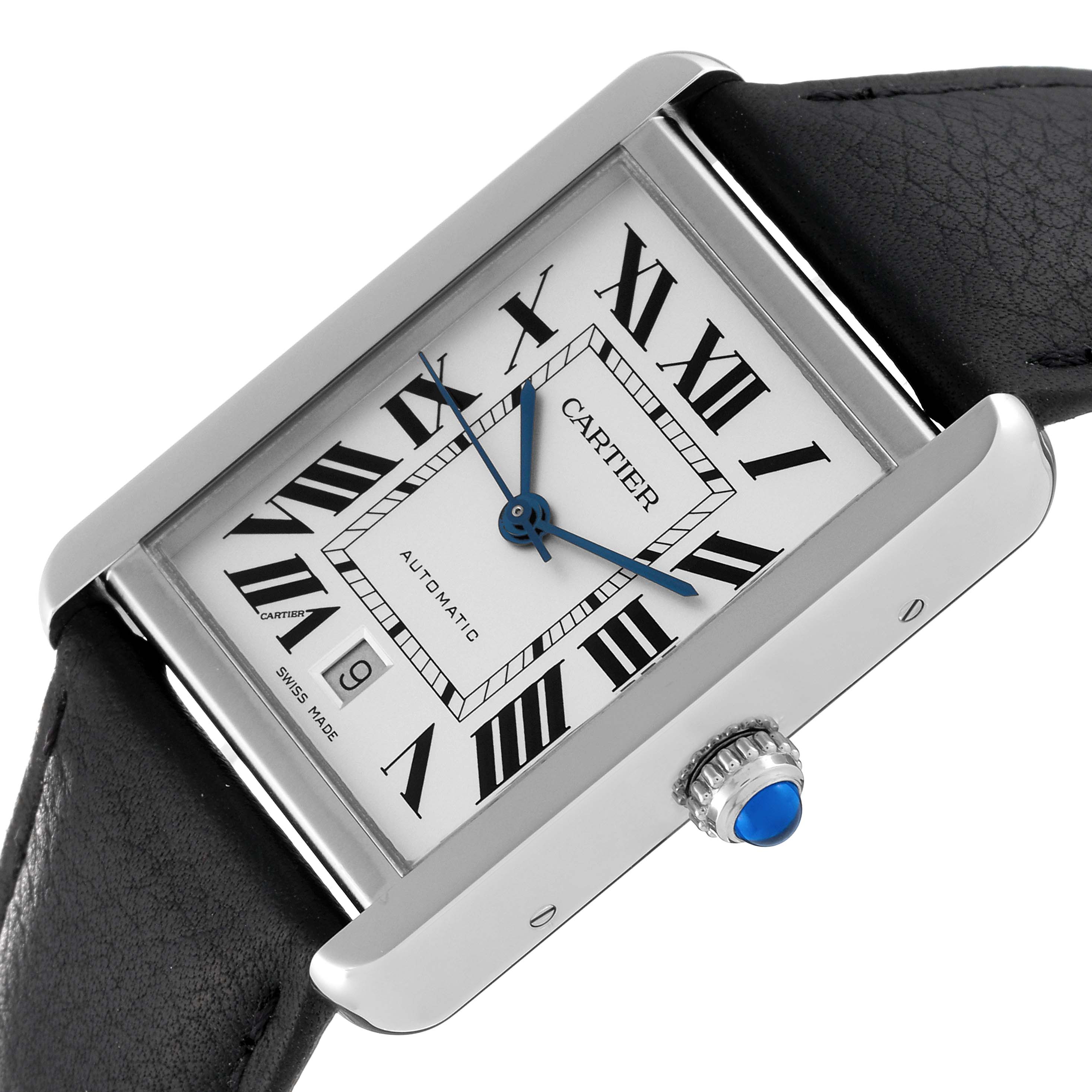 The image shows a Cartier Tank Solo W5200027 Men
s Stainless Steel Silver Dial W5200027 Men
s Stainless Steel Silver Dial watch angled to reveal the face, crown, and part of the leather strap.