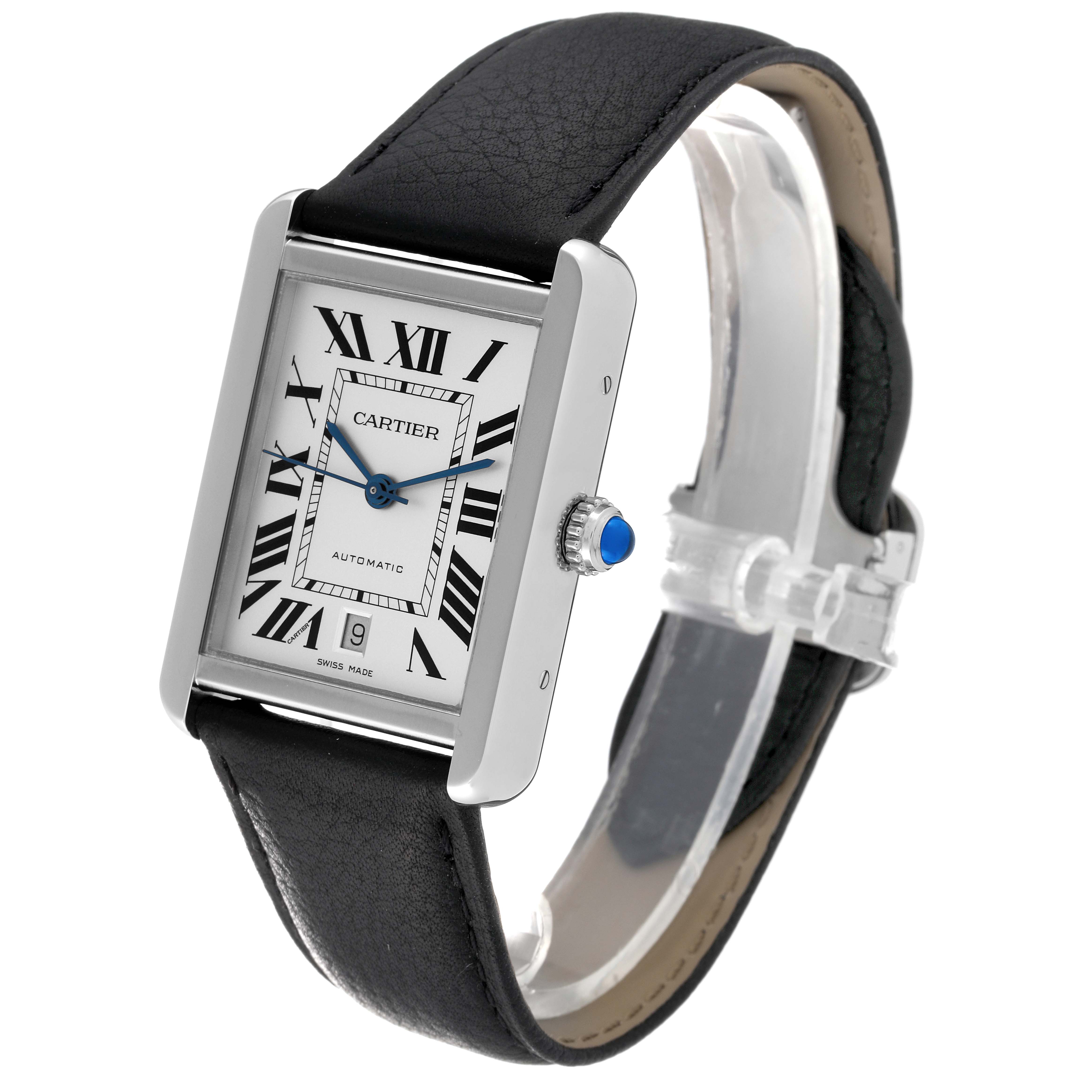 The image shows a Cartier Tank Solo W5200027 Men
s Stainless Steel Silver Dial W5200027 Men
s Stainless Steel Silver Dial watch at a three-quarter angle, highlighting the face, roman numerals, and leather strap.
