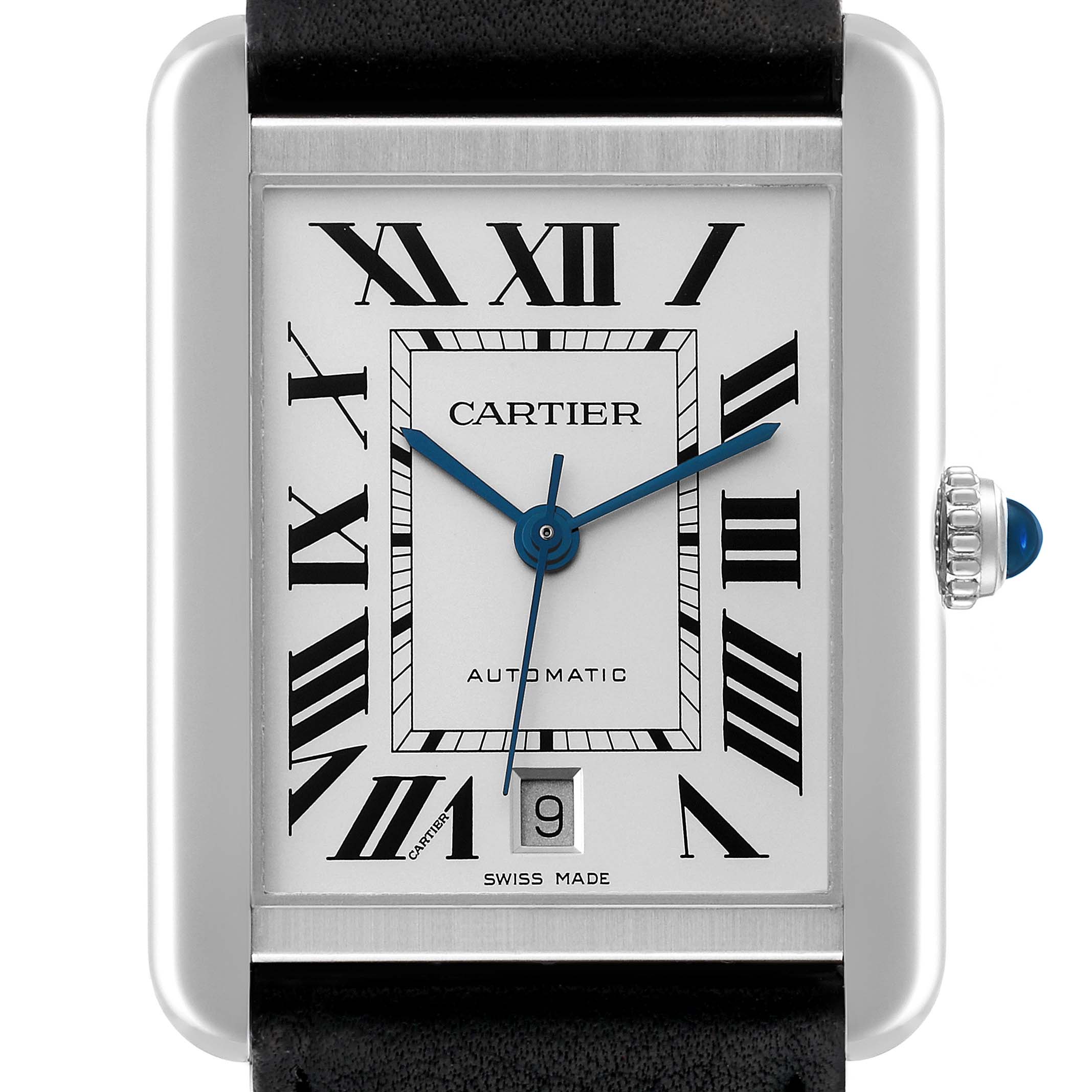 This image shows a close-up, front view of the Cartier Tank Solo W5200027 Men
s Stainless Steel Silver Dial W5200027 Men
s Stainless Steel Silver Dial watch face and part of the strap.