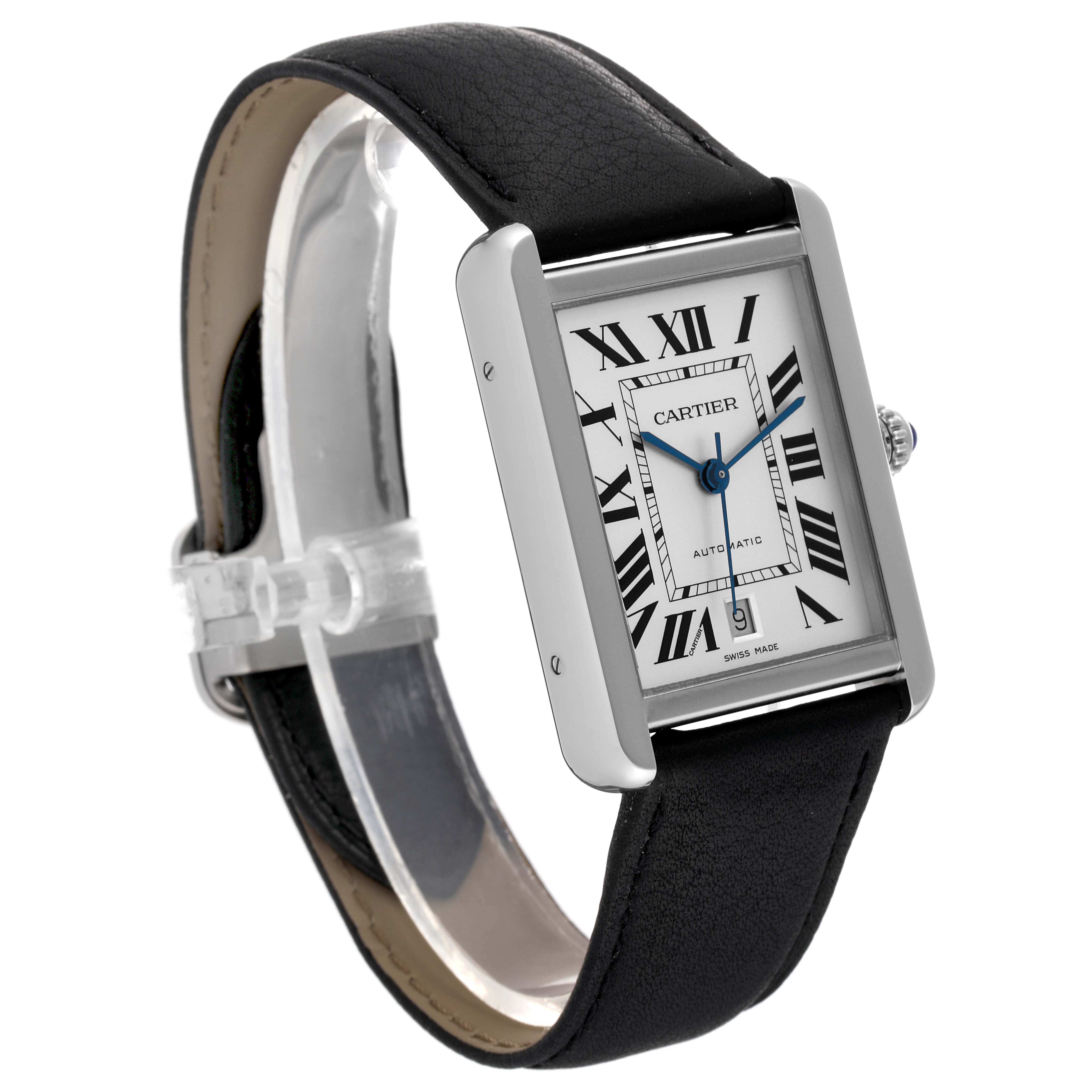 The image shows a Cartier Tank Solo W5200027 Men
s Stainless Steel Silver Dial W5200027 Men
s Stainless Steel Silver Dial watch, angled from the front-left, displaying the face, strap, and casing.