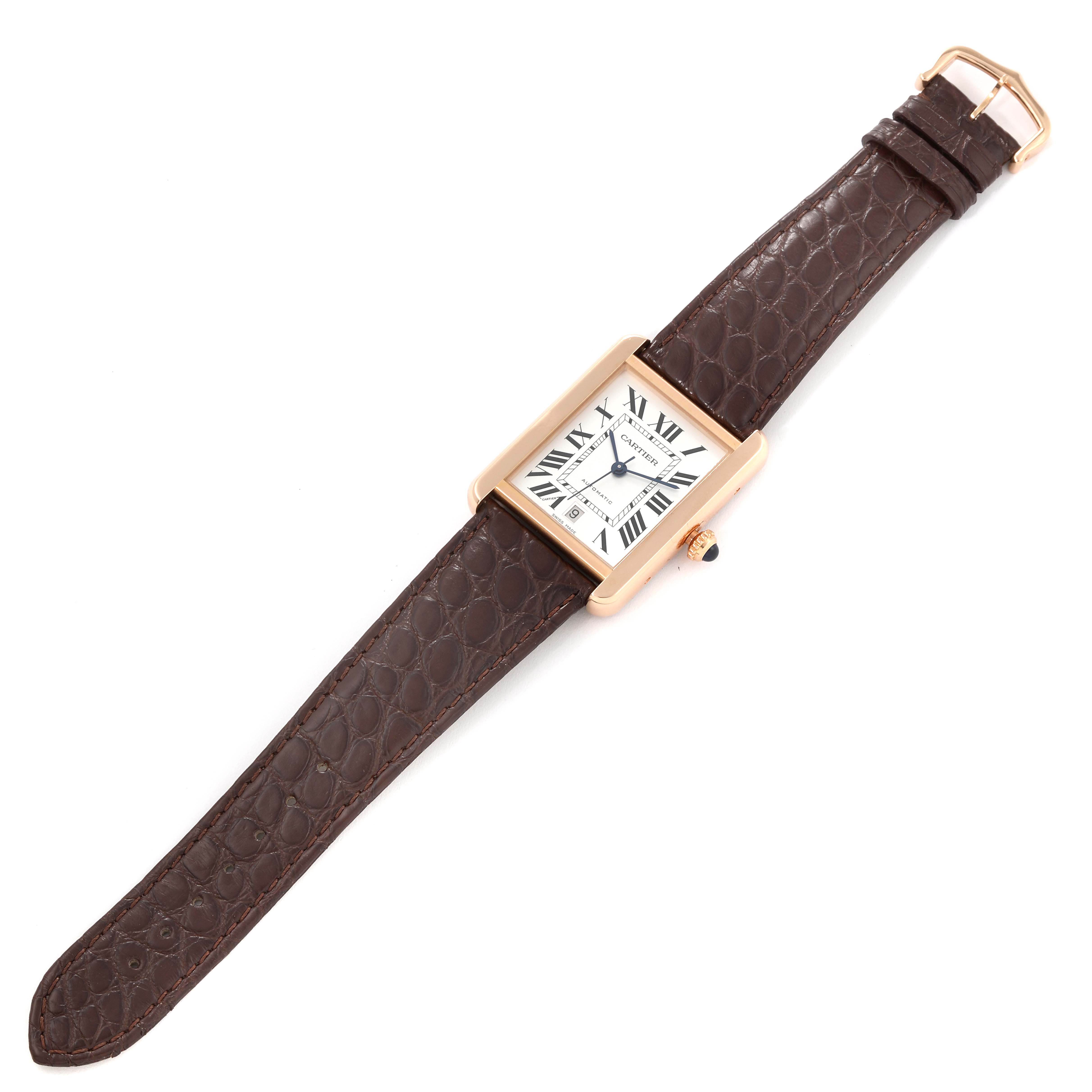 The Cartier Tank Solo W5200026 Men
s Steel and Gold (two tone) Silver Dial W5200026 Men
s Steel and Gold (two tone) Silver Dial watch is shown from a top-down angle, displaying the face, case, brown leather strap, and buckle.