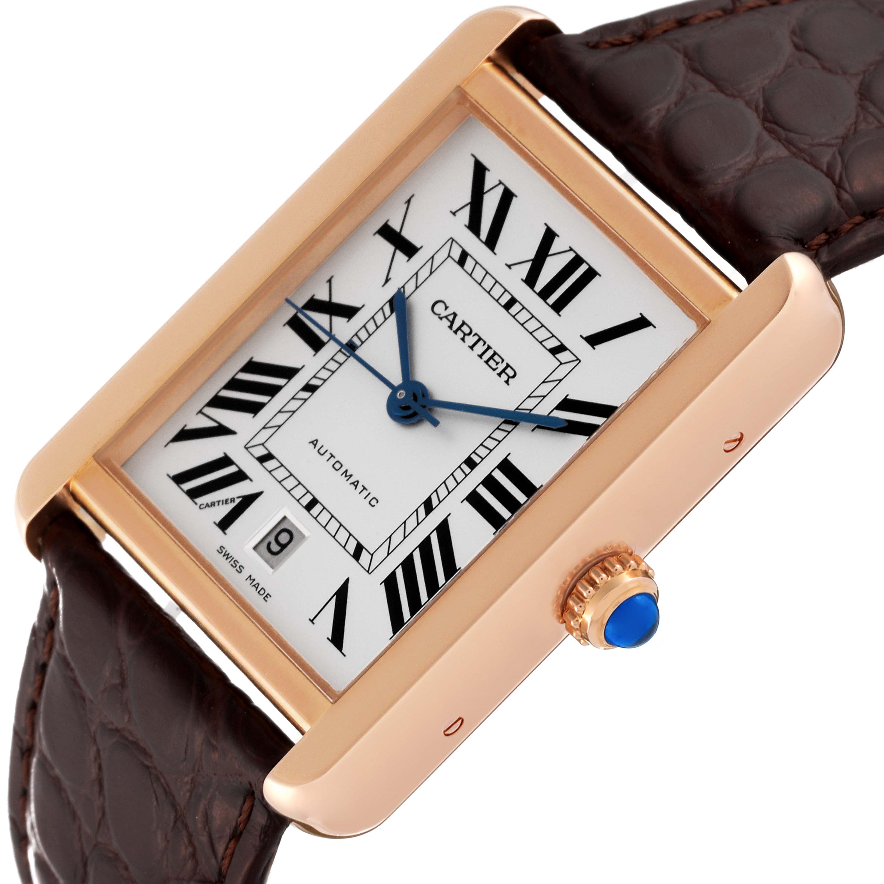 The image shows a Cartier Tank Solo W5200026 Men
s Steel and Gold (two tone) Silver Dial W5200026 Men
s Steel and Gold (two tone) Silver Dial watch at an angled view, highlighting the face, crown, and a portion of the leather strap.