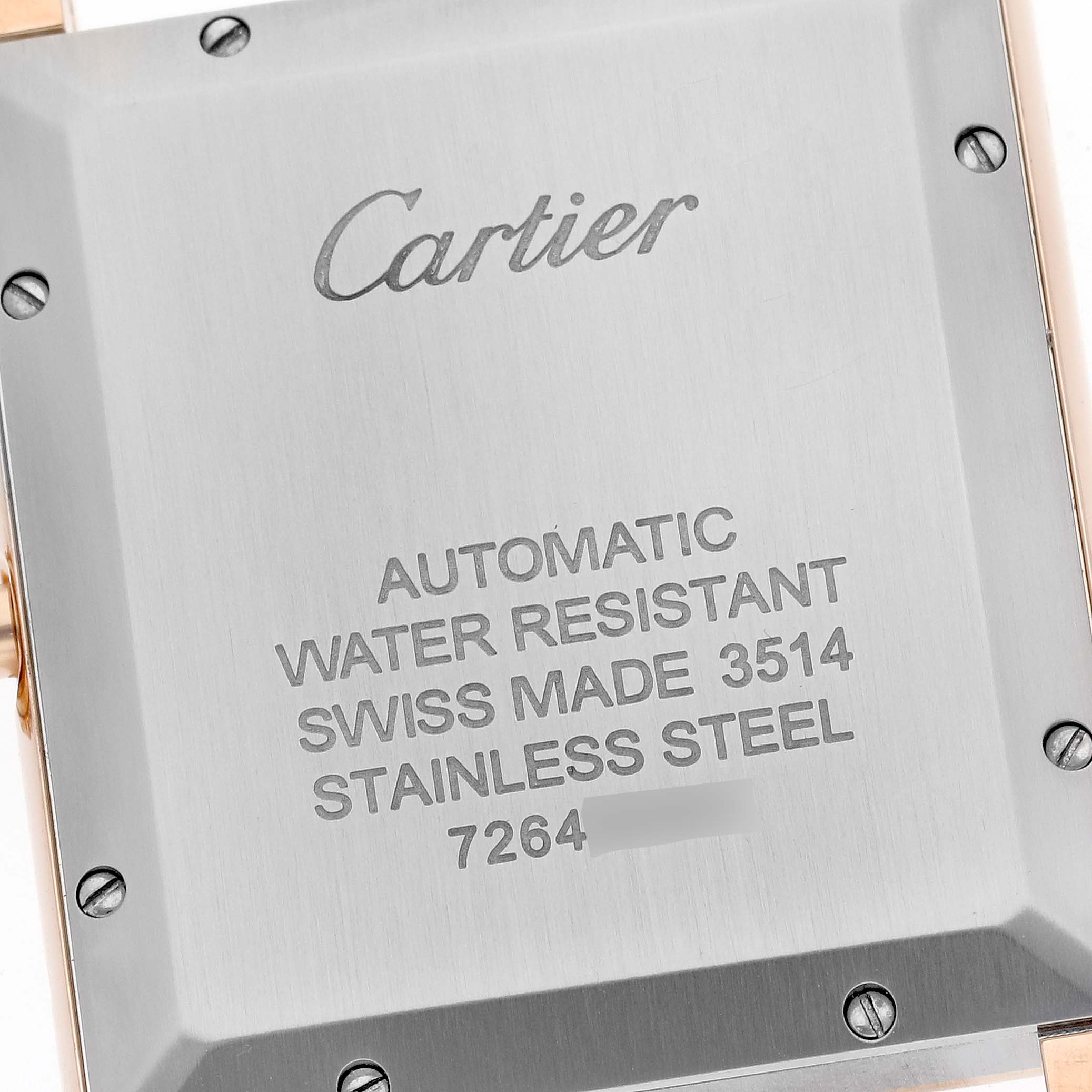 The image shows the back case of a Cartier Tank Solo W5200026 Men
s Steel and Gold (two tone) Silver Dial W5200026 Men
s Steel and Gold (two tone) Silver Dial watch, displaying its specifications.