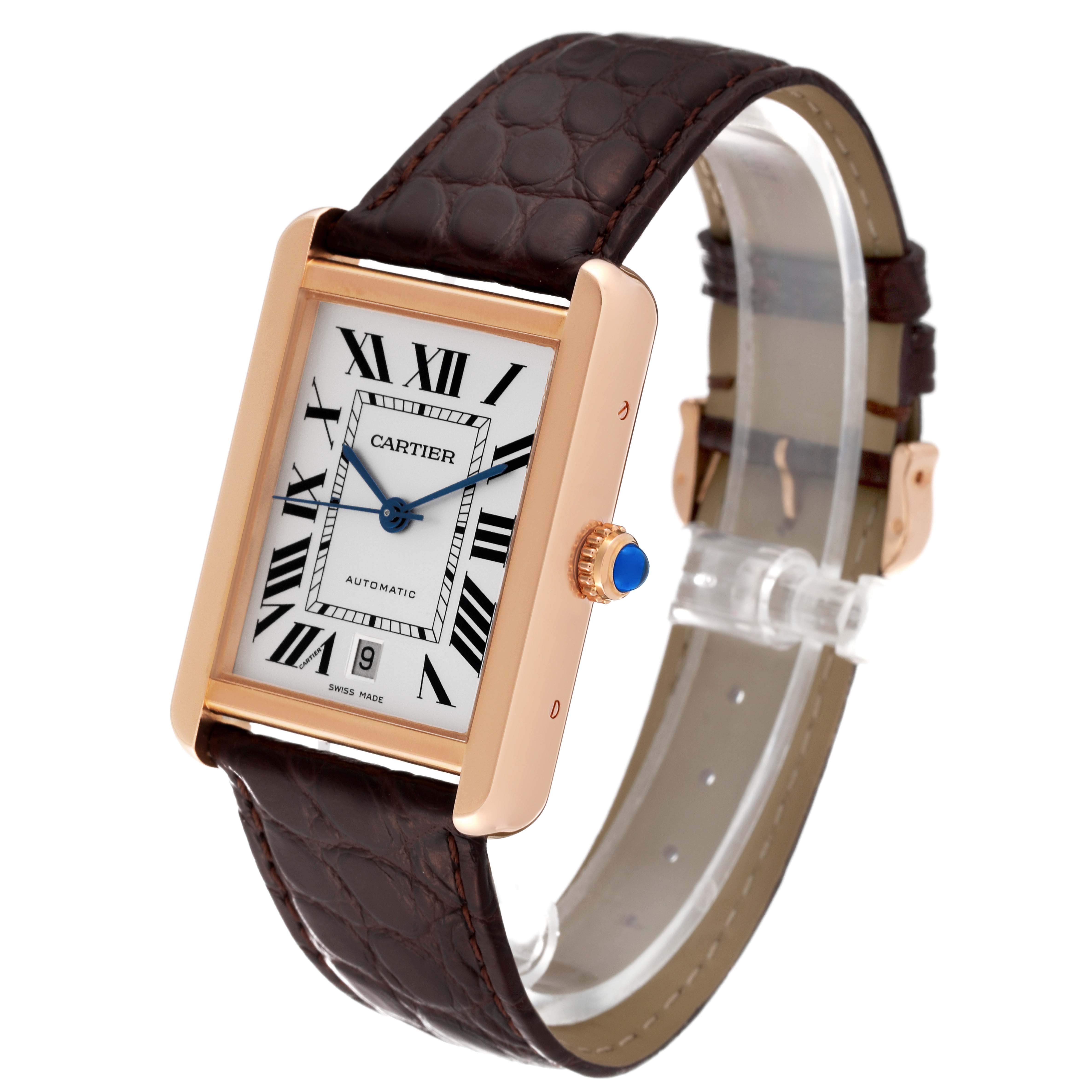 This image shows a Cartier Tank Solo W5200026 Men
s Steel and Gold (two tone) Silver Dial W5200026 Men
s Steel and Gold (two tone) Silver Dial watch at an angled front view, highlighting the Roman numeral dial, brown leather strap, and gold casing.