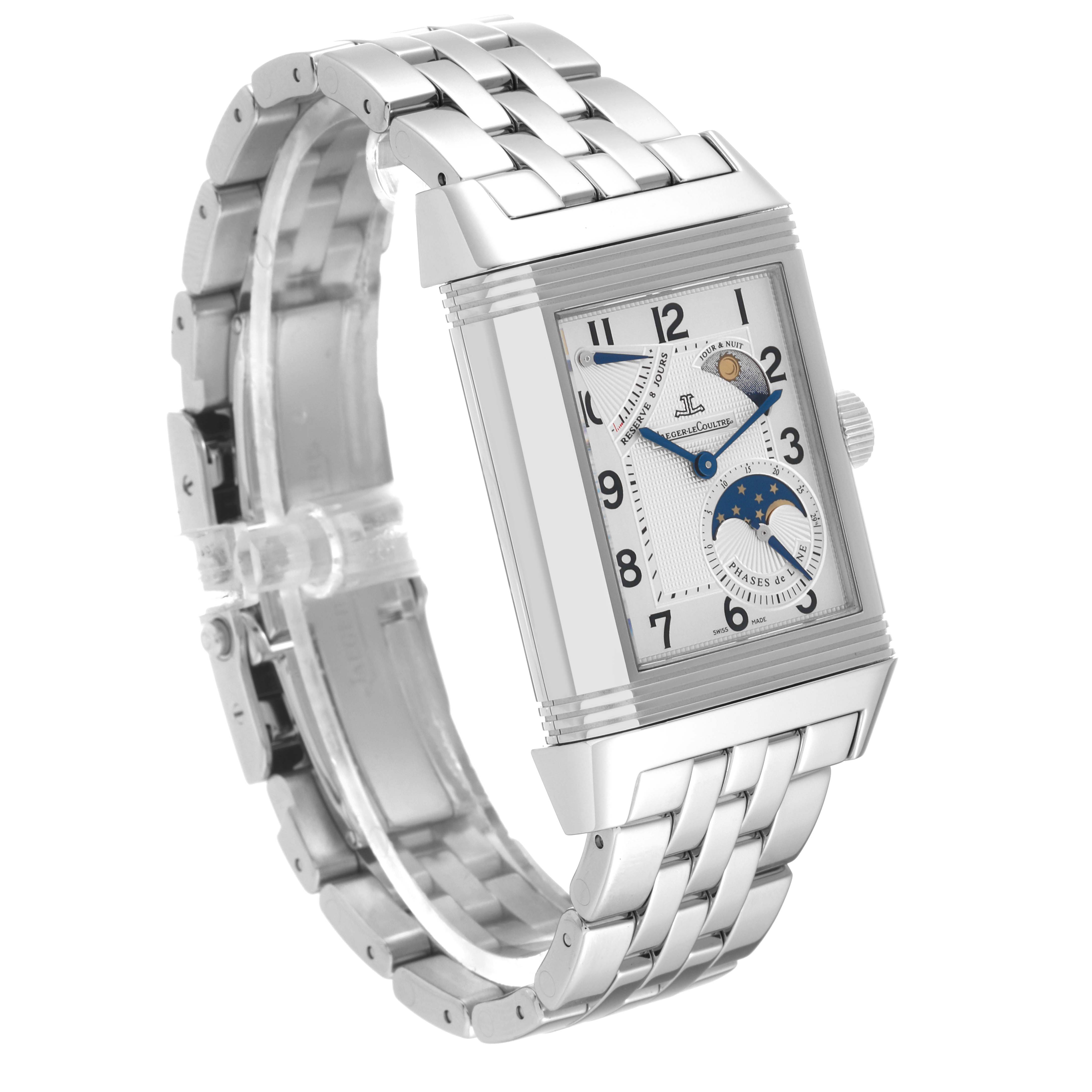 This image shows a Jaeger-LeCoultre Reverso watch at a three-quarter angle, prominently displaying its face and metal bracelet.