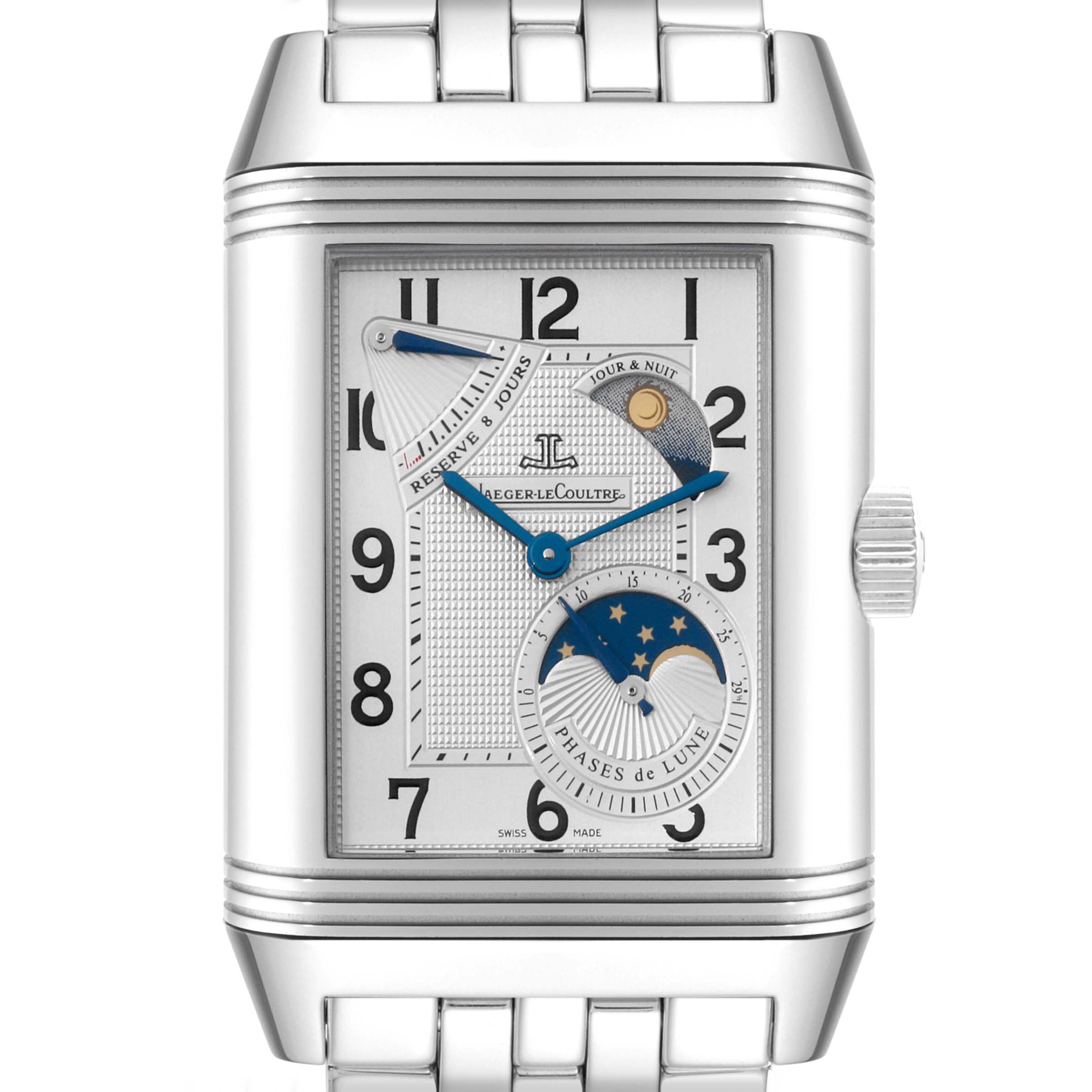 This image shows a close-up, straight-on view of the Jaeger-LeCoultre Reverso watch, highlighting the dial and metal bracelet.