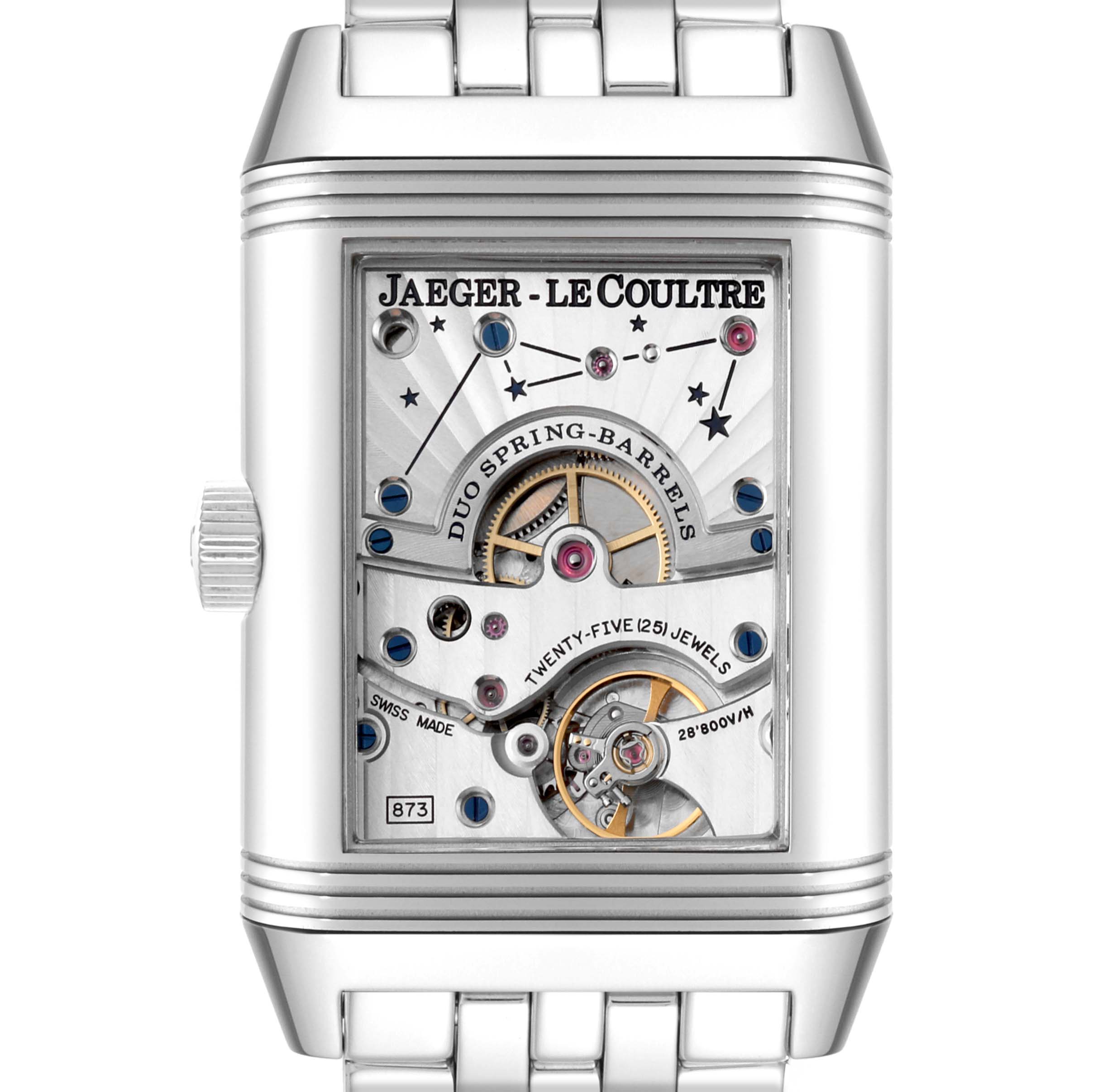 This image shows a front view of the Jaeger LeCoultre Reverso Q3048120 Men's Stainless Steel Silver Dial Q3048120 Men's Stainless Steel Silver Dial watch, highlighting its inner mechanics and intricate details.